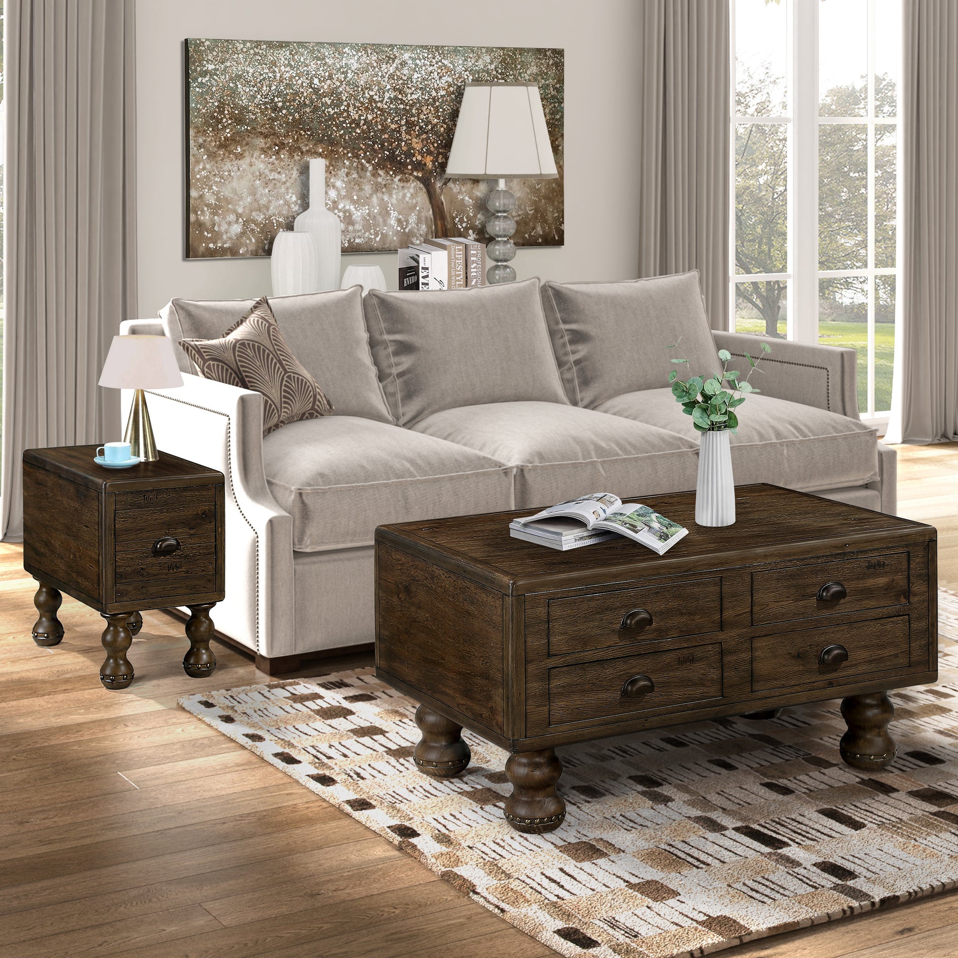 Solid Wood Rectangle Coffee Table For Living Room, 40 Inch Antique Coffee Table With 4 Drawers, Wood Center Table Tea Table With Rivet Decoration Legs.Easy Assembly, Espresso Espresso Pine