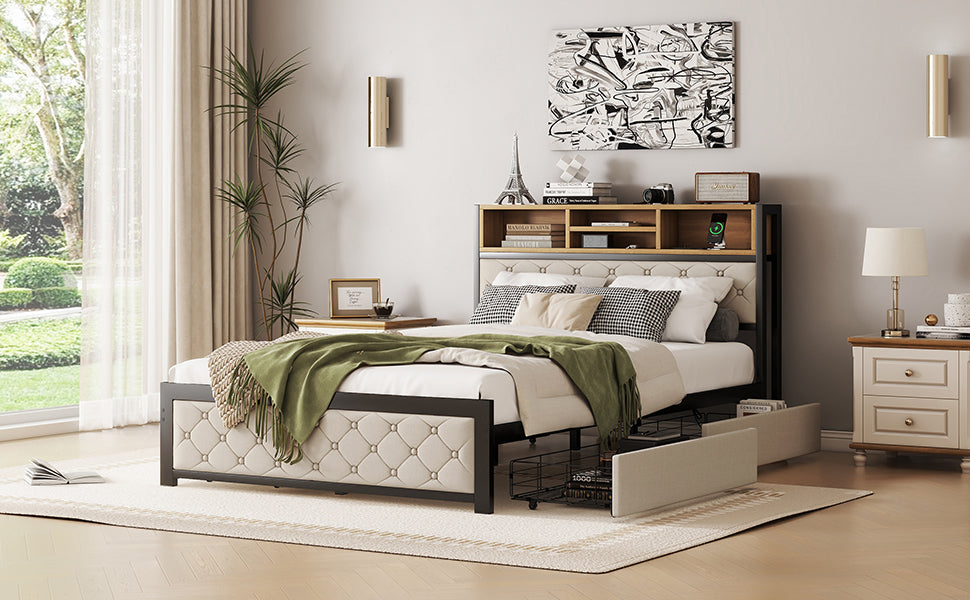 Metal Full Size Platform Bed With 4 Drawers, Upholstered Headboard And Footboard, Sockets And Usb Ports, Beige Full Beige Black Fabric Metal