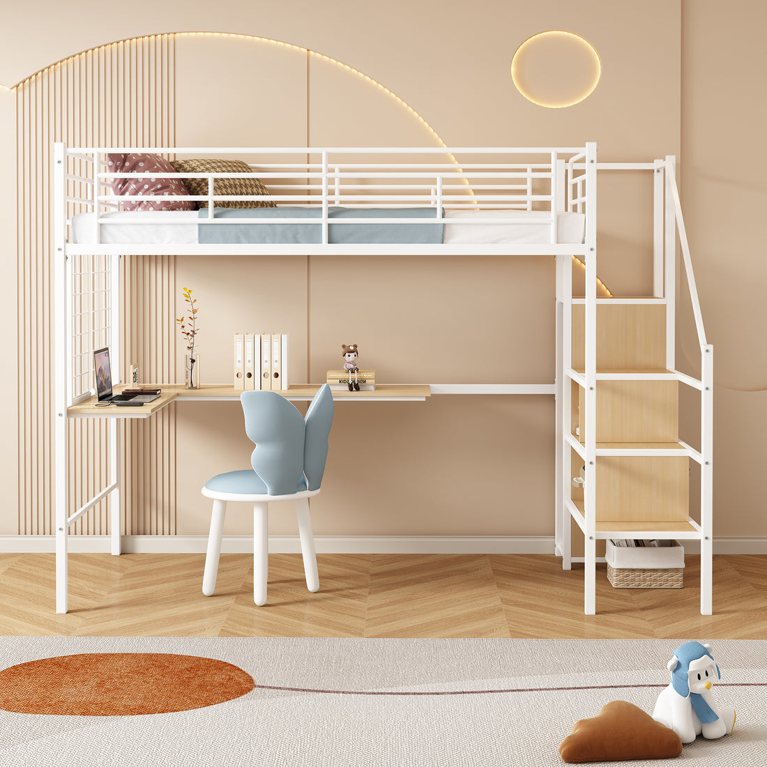 Twin Loft Bed With Desk And Storage Wardrobe, Heavy Duty Loft Bed With Stairs And Metal Grid, Twin Size Loft Bed, No Box Spring Needed, White Loft Bed Twin Size White Box Spring Not Required Twin