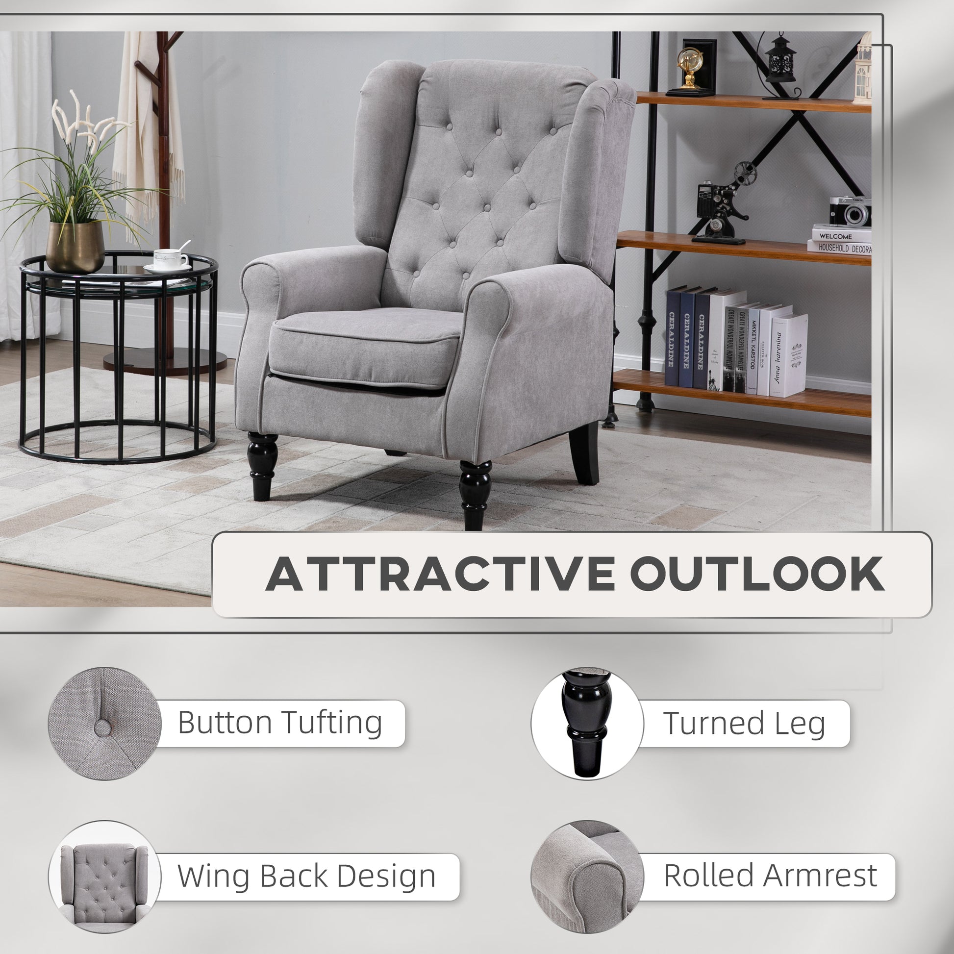 Homcom Button Tufted Accent Chair With High Wingback, Rounded Cushioned Armrests And Thick Padded Seat, Grey Grey Fabric