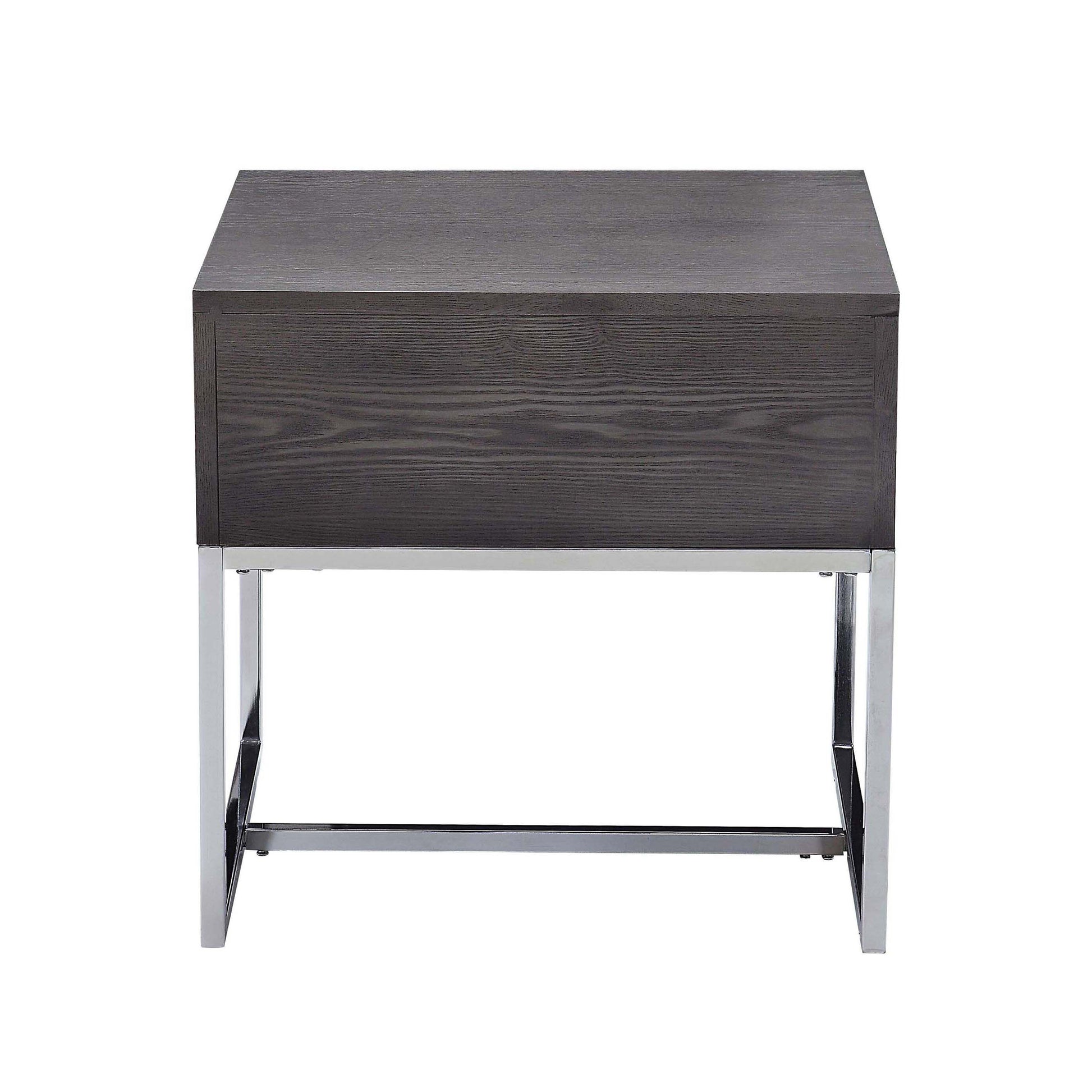 Grey Oak And Chrome Storage End Table Oak Silver Gray Primary Living Space Modern Oak Drawers Rectangular Wood Metal Sled