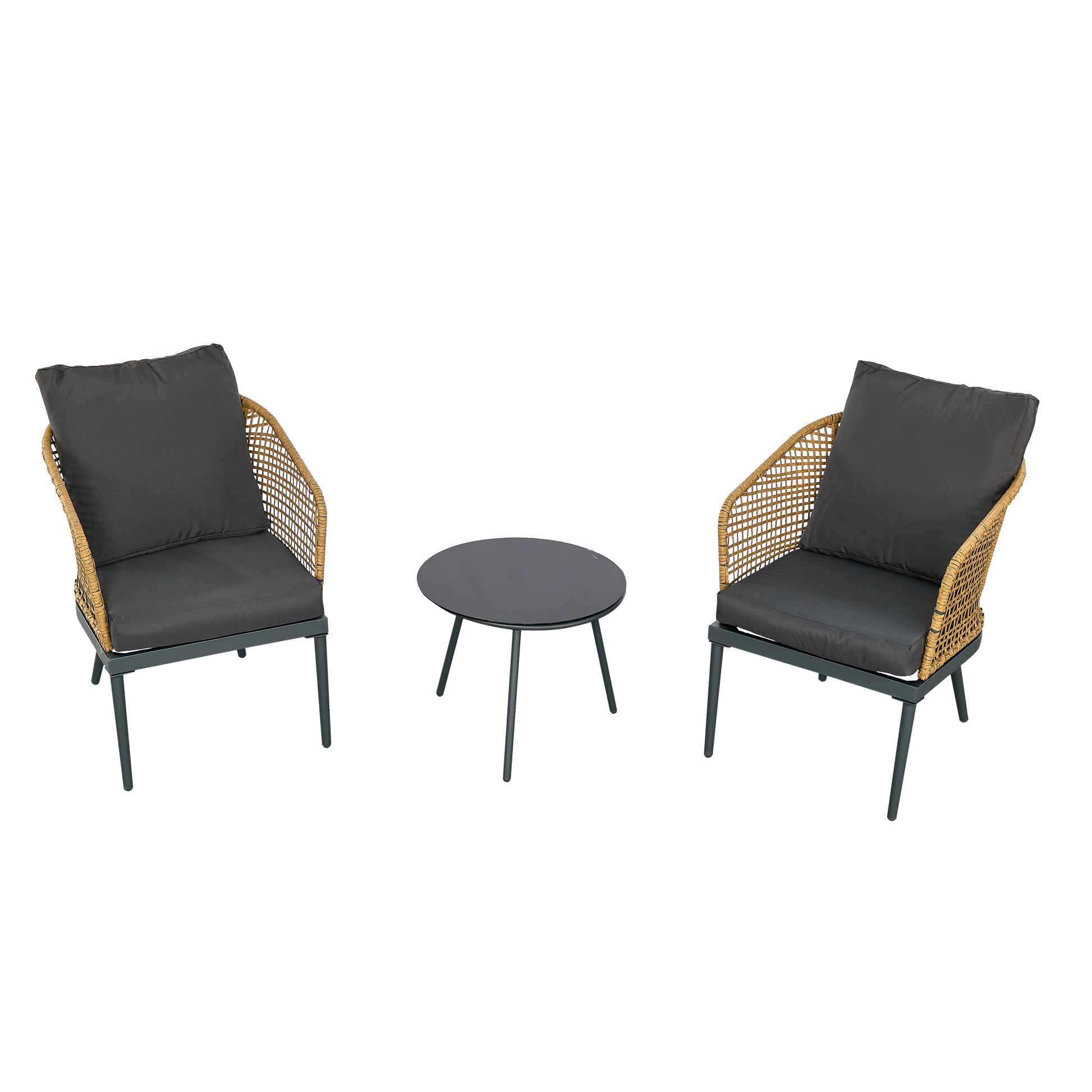 Outdoor Wicker Chairs And Table Bistro Conversation Furniture Set, 3 Pieces For Porch, Balcony, Deck, Patio, Backyard, Natural Color Gray Aluminum