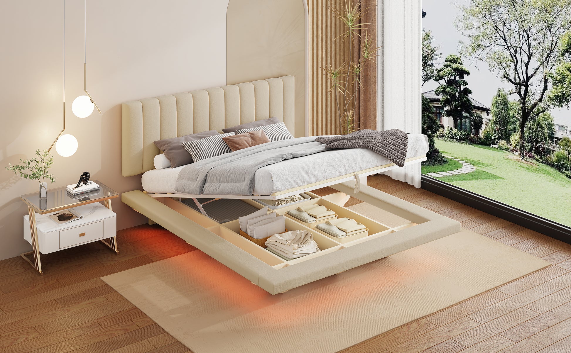 Queen Size Upholstered Floating Bed With Led Light And Usb Port, Velvet, Beige, Hydrualic Platform Bed Queen Beige Velvet