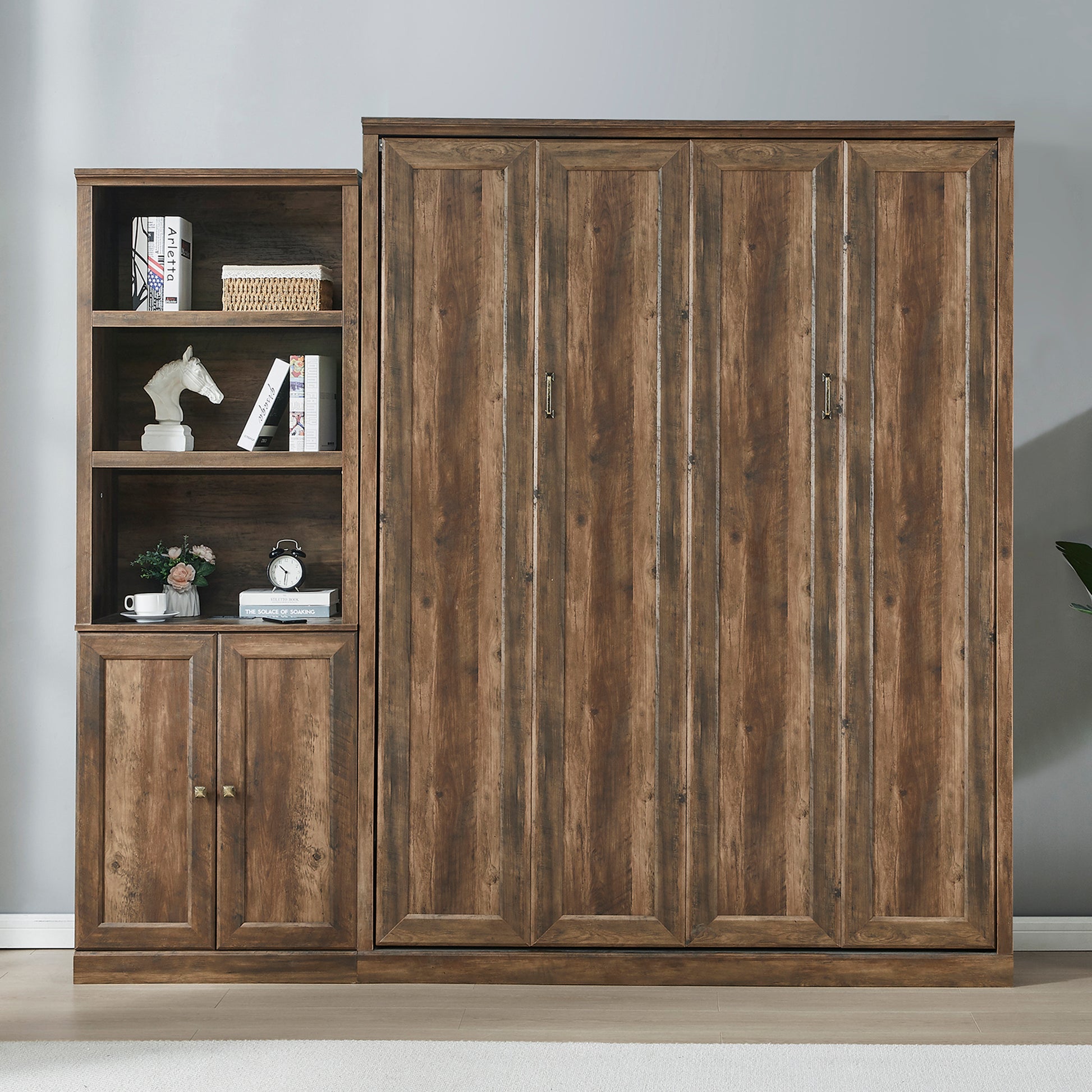 Queen Size Half Self Close And Open Murphy Bed With 1 Side Cabinet Storage Shelf, Cabinet Space Saving Bed Perfect For Guest Room, Bed Room, Guest Room, Home Office, Brown Box Spring Not Required Queen Brown Wood Brown Pine Murphy Solid Wood Mdf