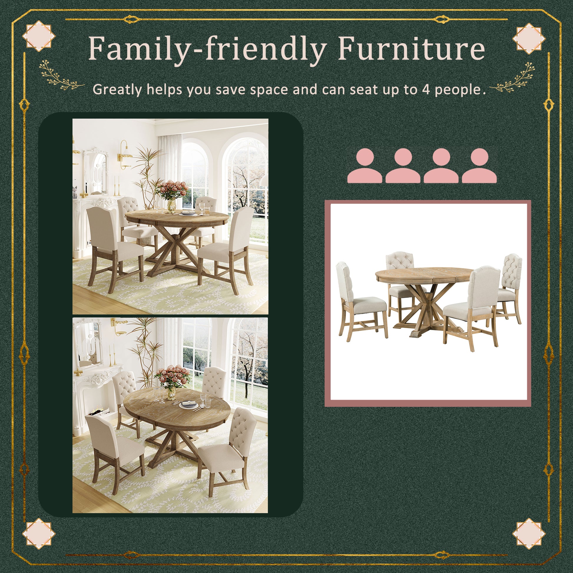 Functional Furniture Retro Style Dining Table Set With Extendable Table And 4 Upholstered Chairs For Dining Room And Living Room Natural Wood Wash Natural Wood Wash Solid Wood
