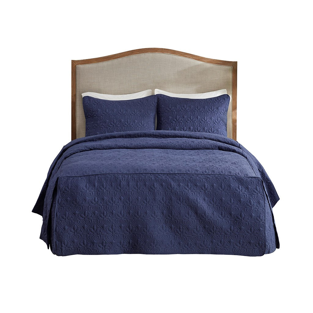 3 Piece Split Corner Pleated Quilted Bedspread Navy King Navy Polyester