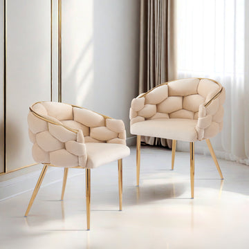 Set Of 2 Luxury Handmade Accent Chair With Gold Legs, Modern Velvet Armchair For Living Room And Bedroom Beige Foam Velvet