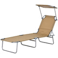 Outsunny Outdoor Lounge Chair, Adjustable Folding Chaise Lounge, Tanning Chair With Sun Shade For Beach, Camping, Hiking, Backyard, Tan Tan Steel