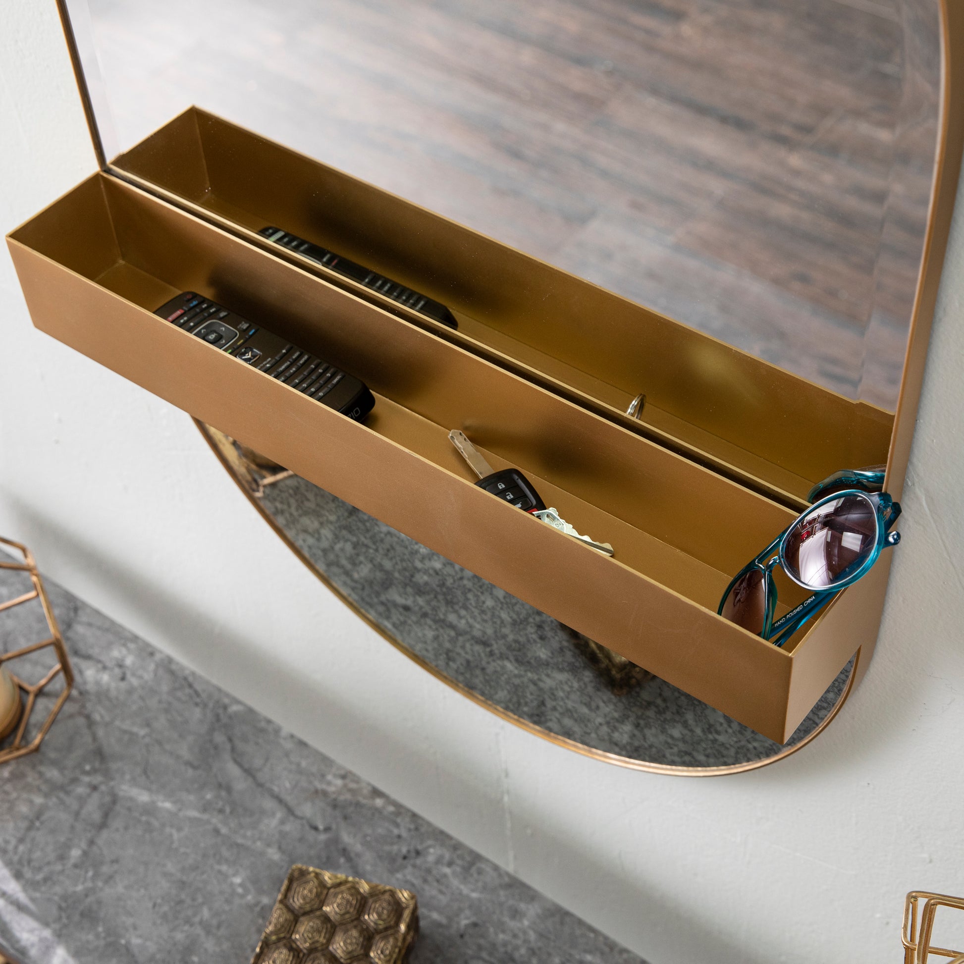 Melston Decorative Mirror W Storage Gold Iron