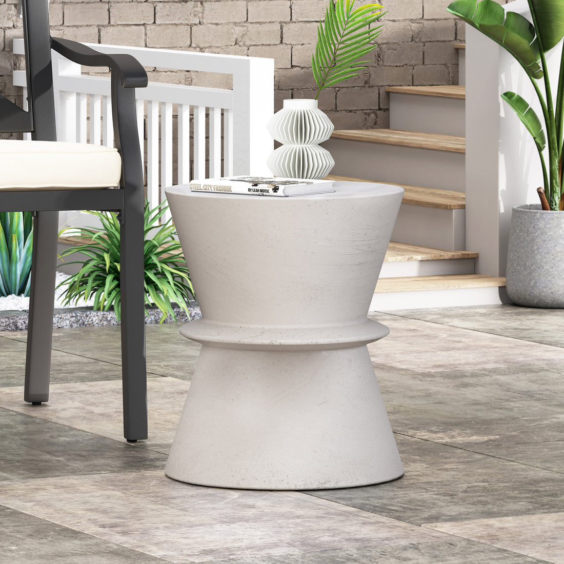 Outdoor Lightweight Concrete Side Table Antique White Magnesium Oxide