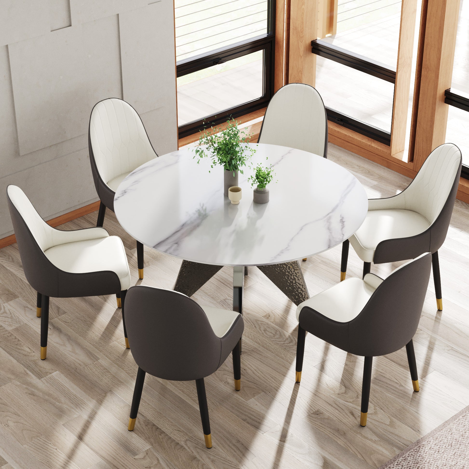 53" Round Marble Dining Table With Silver Stainless Steel Design Base, Artificial Marble For 6 People, Dining Room Living Room Kitchen Dining Table,White Dining Table Only Silver,White Dining Room