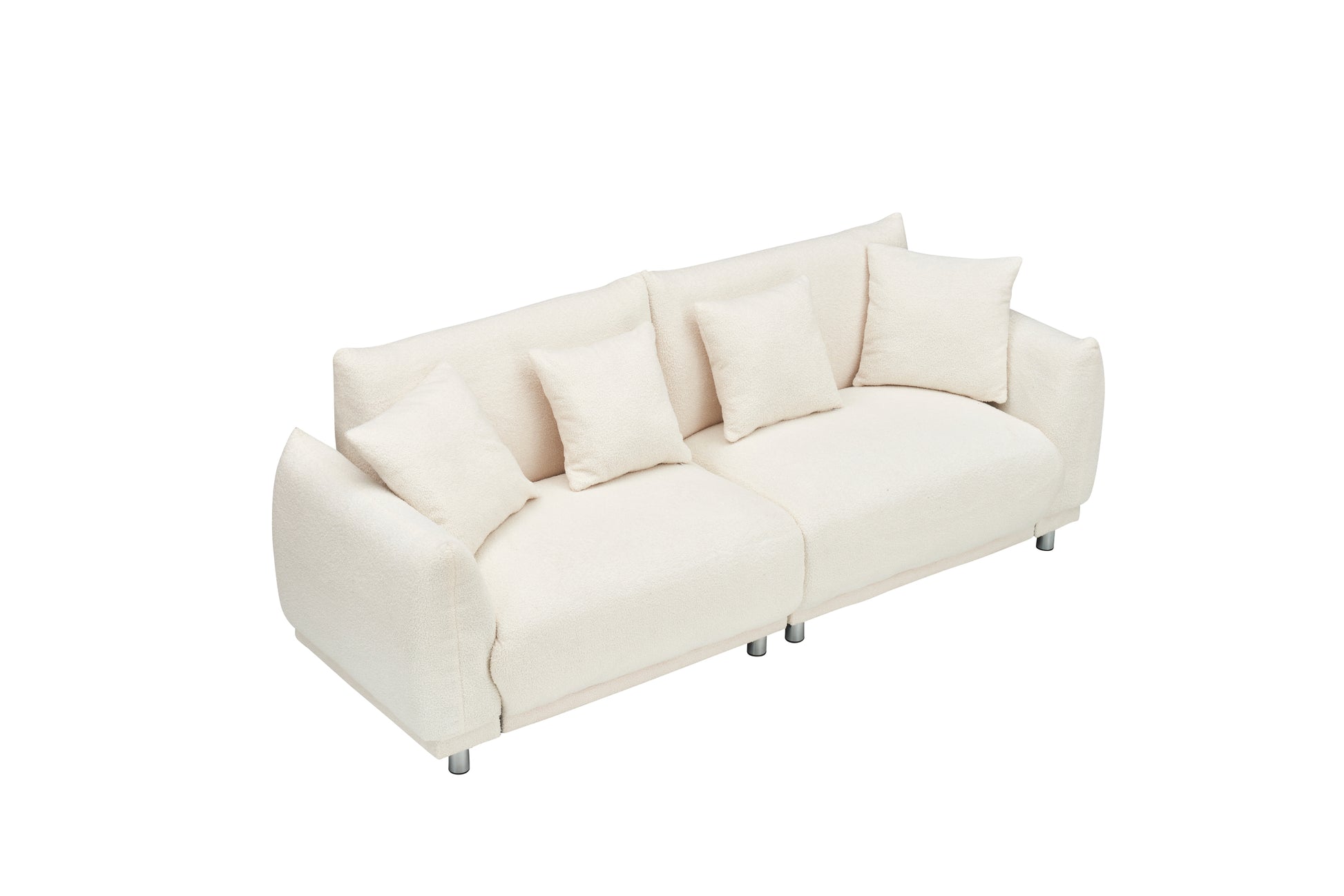 The 86.6 Inch Teddy Wool Beige Sofa With Four Throw Pillows And Hardware Feet Can Sit Comfortably In An Apartment Bedroom Without Taking Up Space Beige Fabric 2 Seat