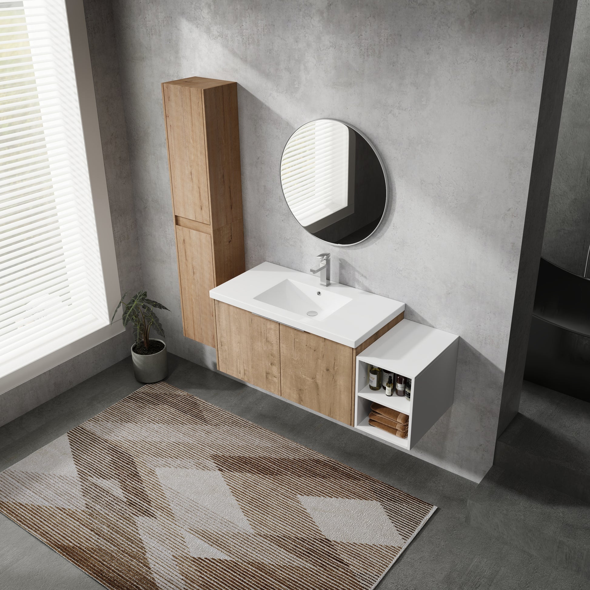 48" Wall Mounted Bathroom Vanity With Sink And Side Cabinet, Soft Close Doors,00112Imox2 0636Imo 0612Gwh Combination Cabinet Kd Packing Imitative Oak Bathroom Modern Plywood Plywood