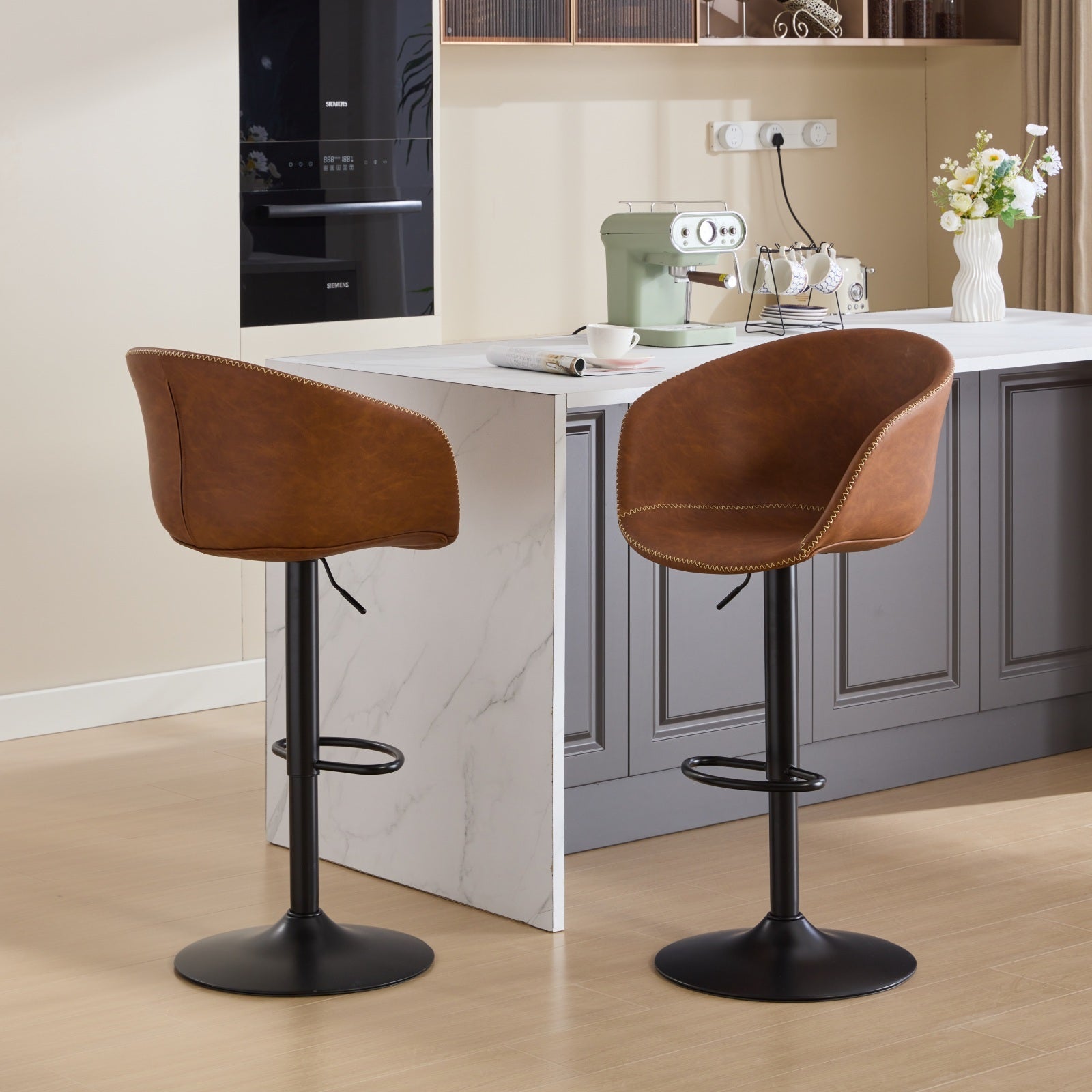 Adjustable Swivel Bar Stools, Mid Century Modern Pu Leather Upholstered Counter Height Bar Stool, Kitchen Island Barstools With Minimalism Style, 1 Chair 1Carton,Brown Brown Pu Mid Century Modern,Minimalist Bar Stools 1 Foam Pu Leather