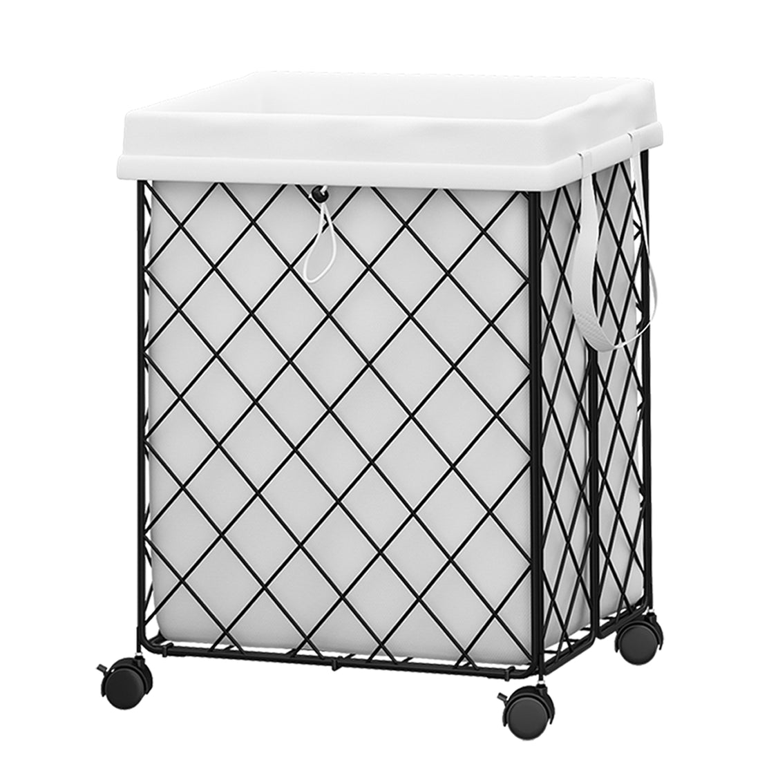 Laundry Basket With Wheels, Rolling Laundry Hamper, Detachable And Washable Lining, Metal Frame, Suitable For Bedrooms, Bathrooms, Laundry Rooms, White White Black 1 Foldable Freestanding Boho