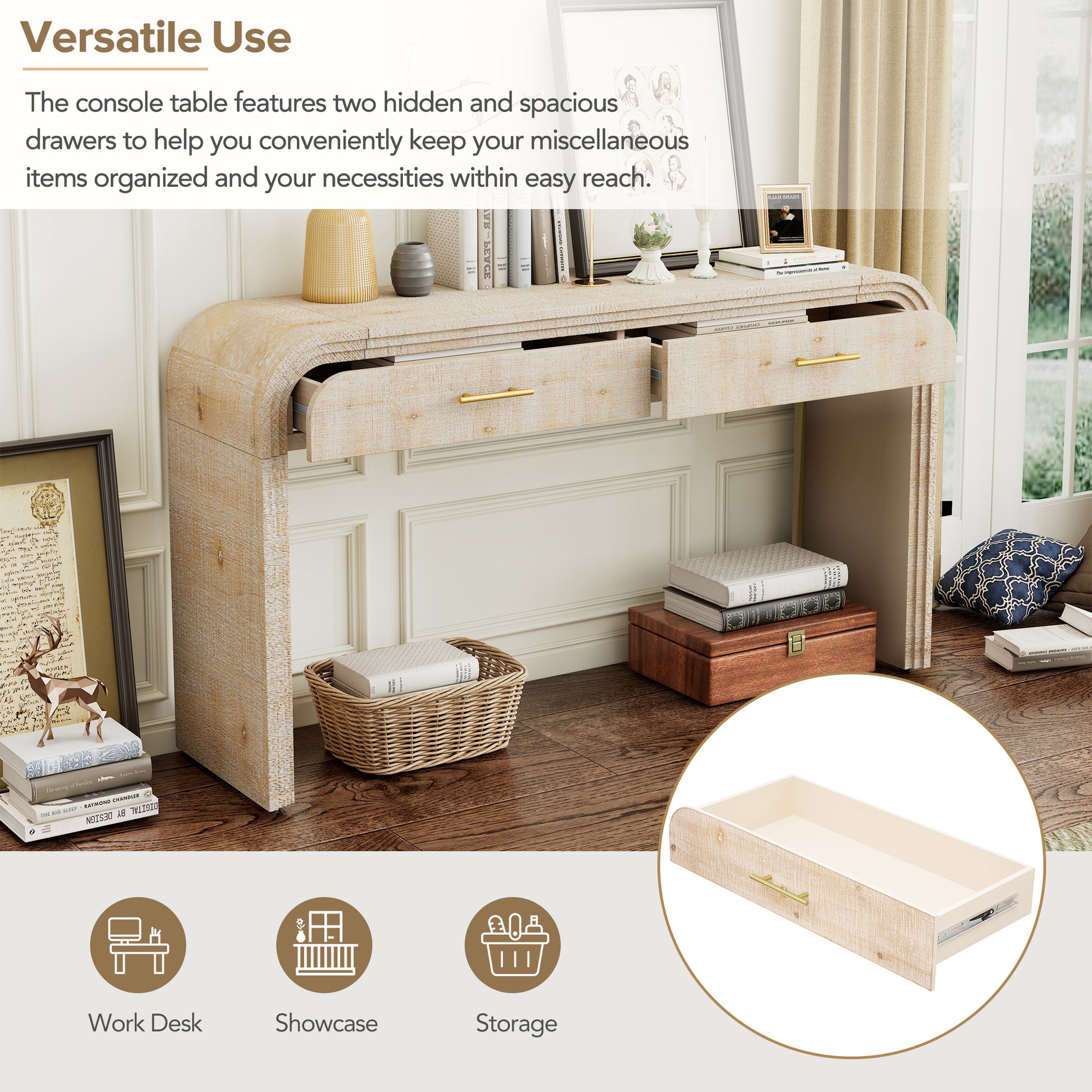 Unique Retro Console Table With Open Style, Two Top Drawers For Entrance, Dinning Room, Living Room Natural Wood Wash Natural Wood Wash Mdf