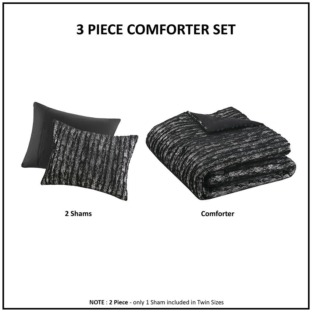Metallic Print Faux Fur Comforter Set Twin Black Silver Polyester