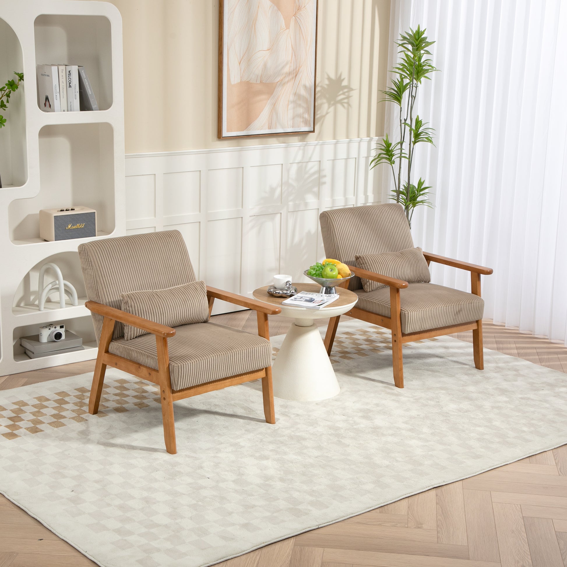 Leisure Chair With Solid Wood Armrest And Feet, Leisure Chair, Wood Frame, Velvet, Solid Rubber Wood Legs, Mid Century Modern Accent Chair, For Living Room Bedroom Studio Chair,Two Packs Camel Corduroy