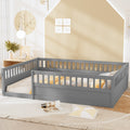 Full Floor Bed Frame With Fence, Wood Kids Floor Beds Frame For Bedroom Playroom,Gray Expect Arrive Date Jul. 10Th Full Grey Pine