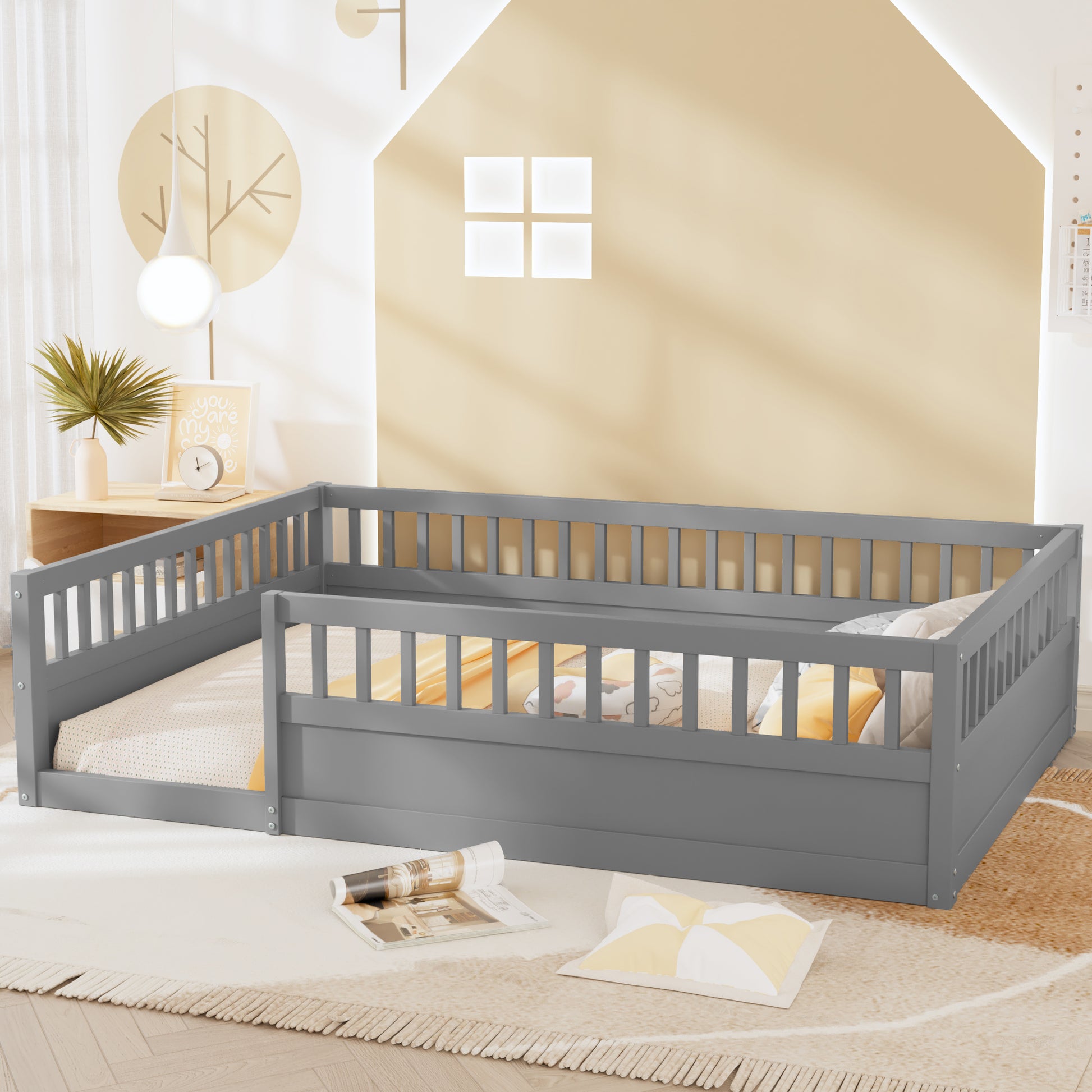 Full Floor Bed Frame With Fence, Wood Kids Floor Beds Frame For Bedroom Playroom,Gray Expect Arrive Date Jul. 10Th Full Grey Pine