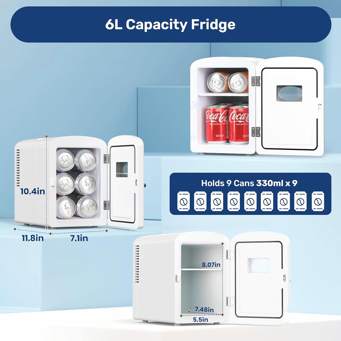9 Cans Compact Mini Fridge, Warmer And Cooler Portable Refrigerator With Observation, Freon Free & Eco Friendly, 6L With Window, White White Polypropylene