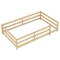 Twin Size Floor Bed, Montessori Floor Bed With Fence, Kids Montessori Bed Twin Size, Wood Montessori Floor Bed For Kids, Girls, Boys Natural Natural Wood Metal