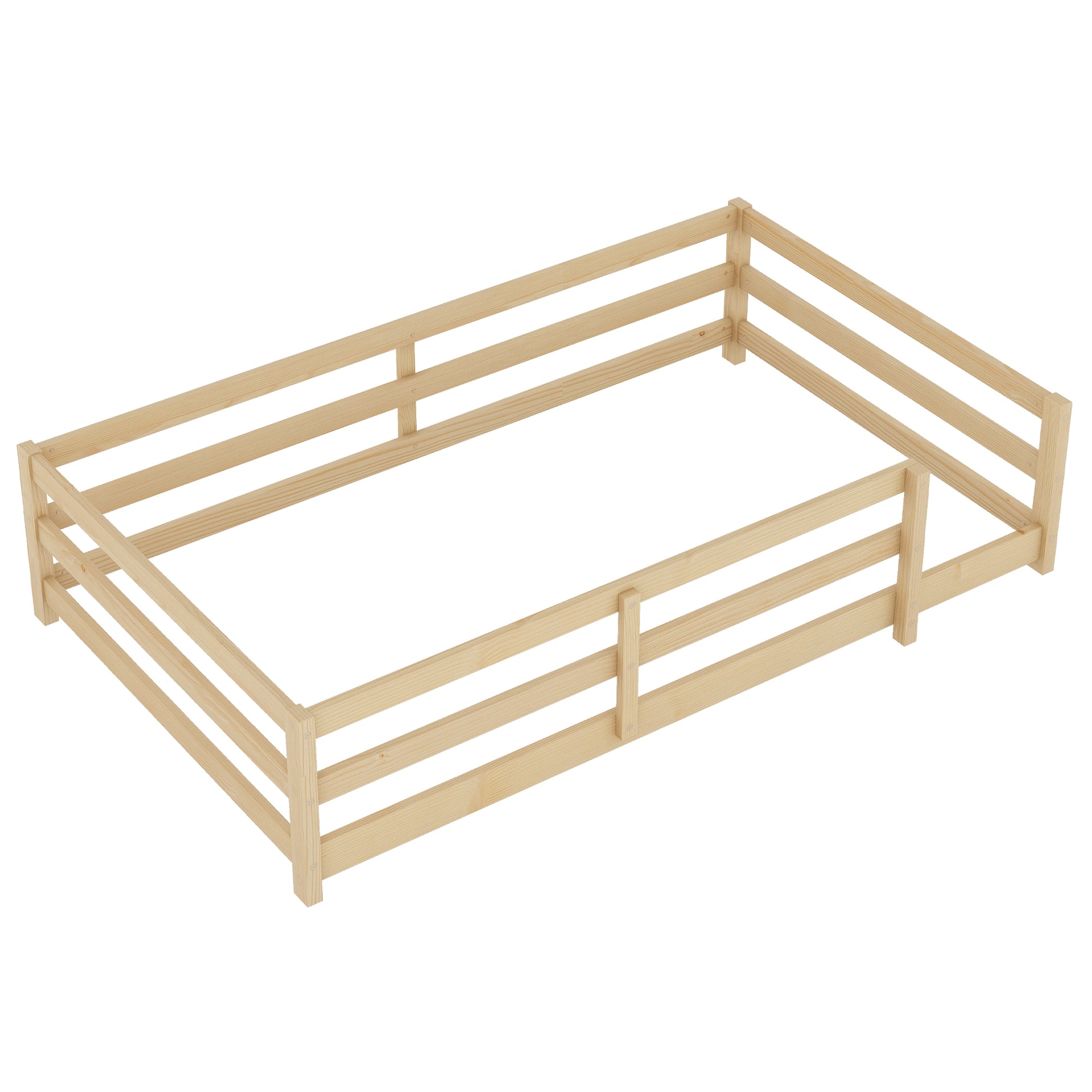 Twin Size Floor Bed, Montessori Floor Bed With Fence, Kids Montessori Bed Twin Size, Wood Montessori Floor Bed For Kids, Girls, Boys Natural Natural Wood Metal