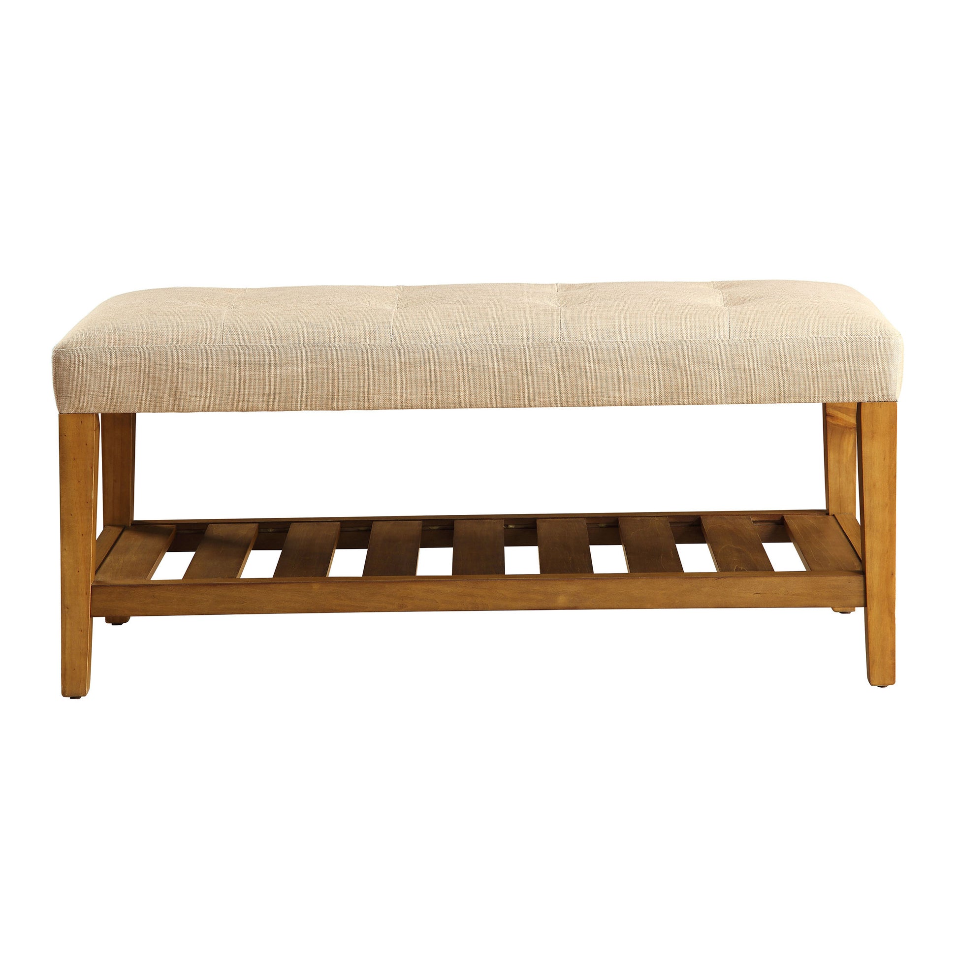 Beige And Oak Tufted Padded Seat Bench Beige Brown Bedroom Beige Contemporary Shelves Wood Fabric