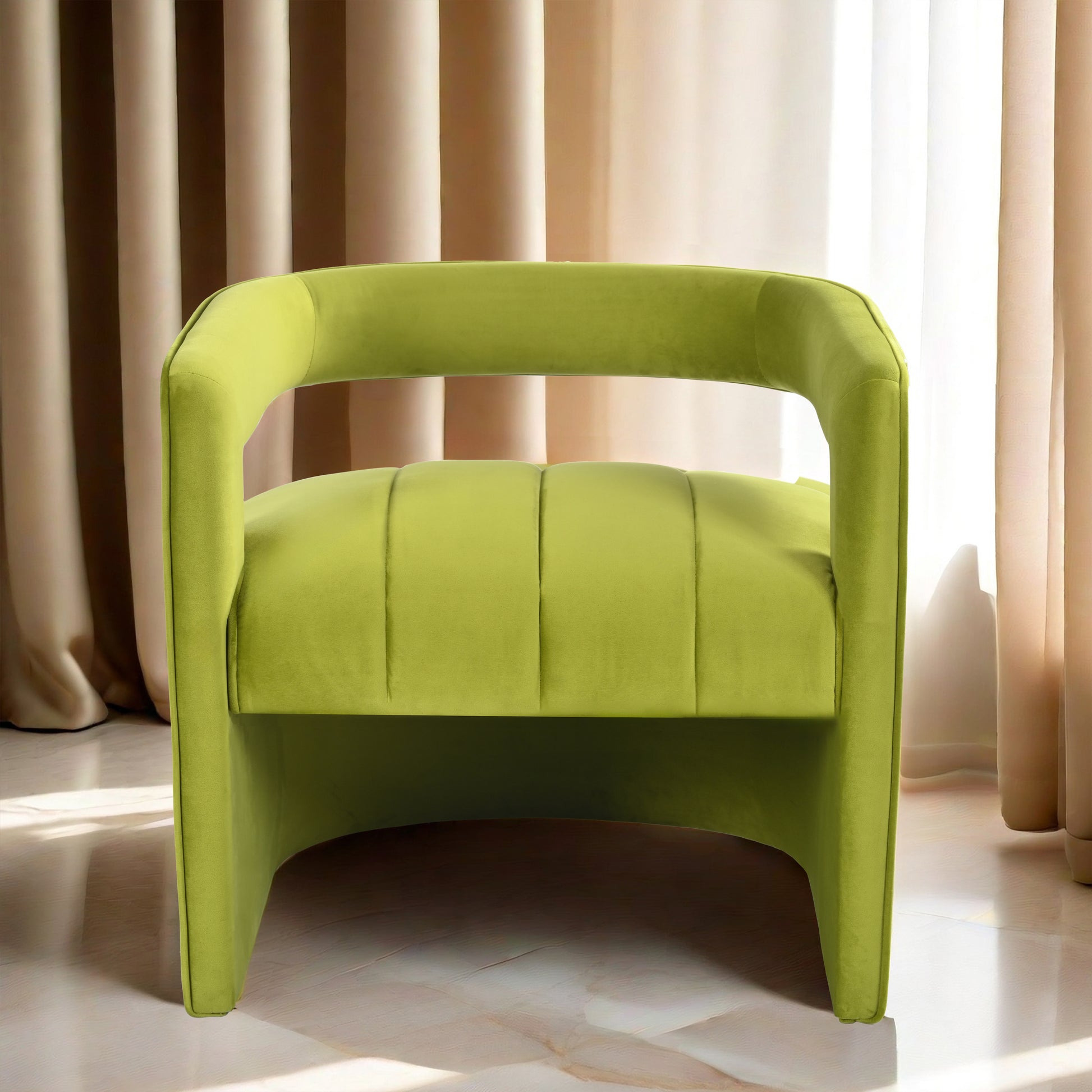 Modern Velvet Accent Chair With Ribbed Detail, Luxury Curved Fully Upholstered Accent Chair, Green No Assembly Needed Green Velvet