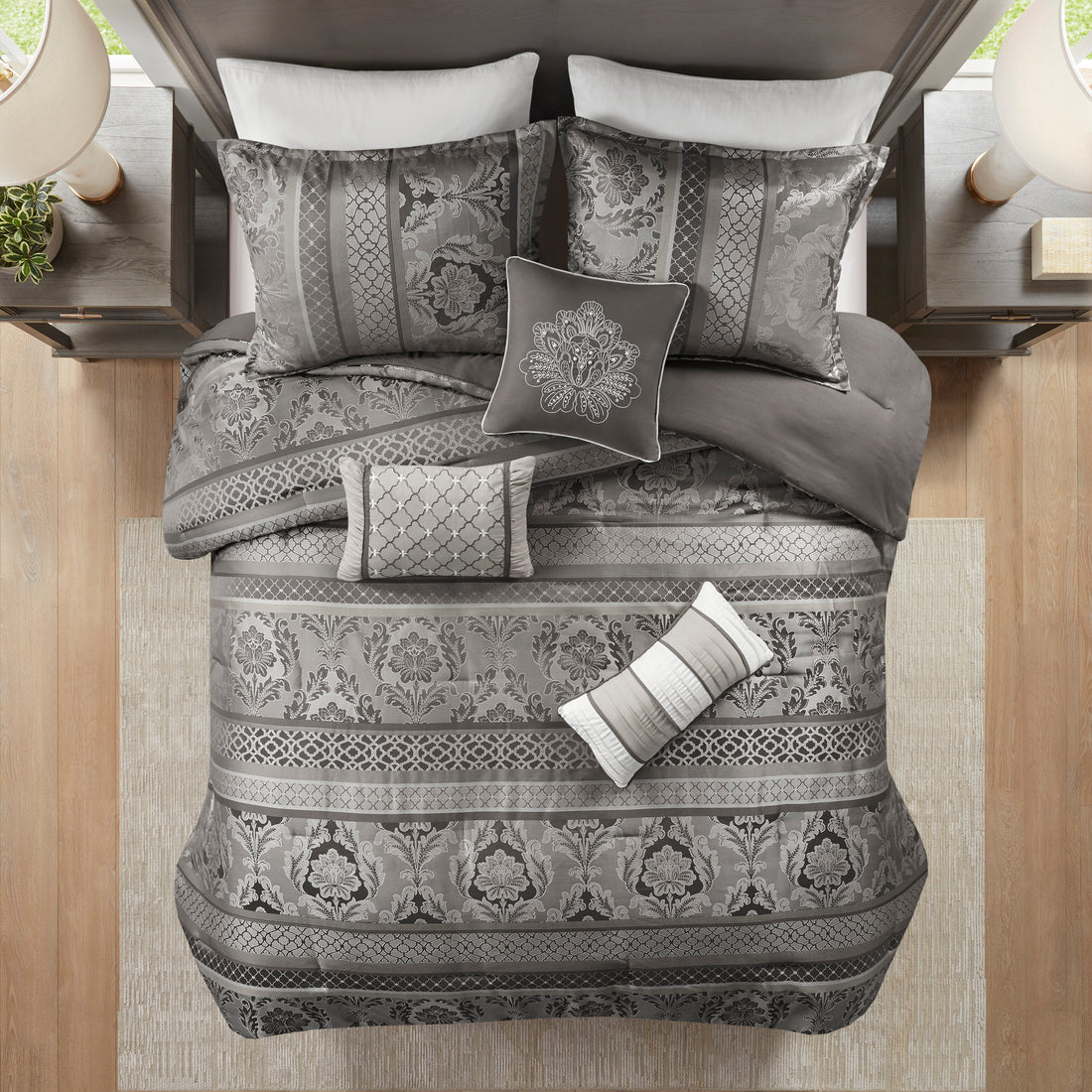 7 Piece Jacquard Comforter Set Grey Cal King California King Grey Polyester