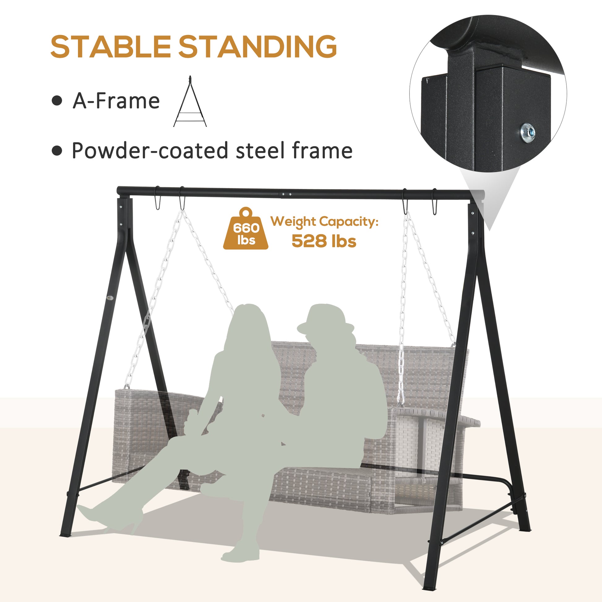 Outsunny Metal Porch Swing Stand, Heavy Duty Swing Frame, Hanging Chair Stand Only, 528 Lbs Weight Capacity, For Backyard, Patio, Lawn, Playground, Black Black Steel