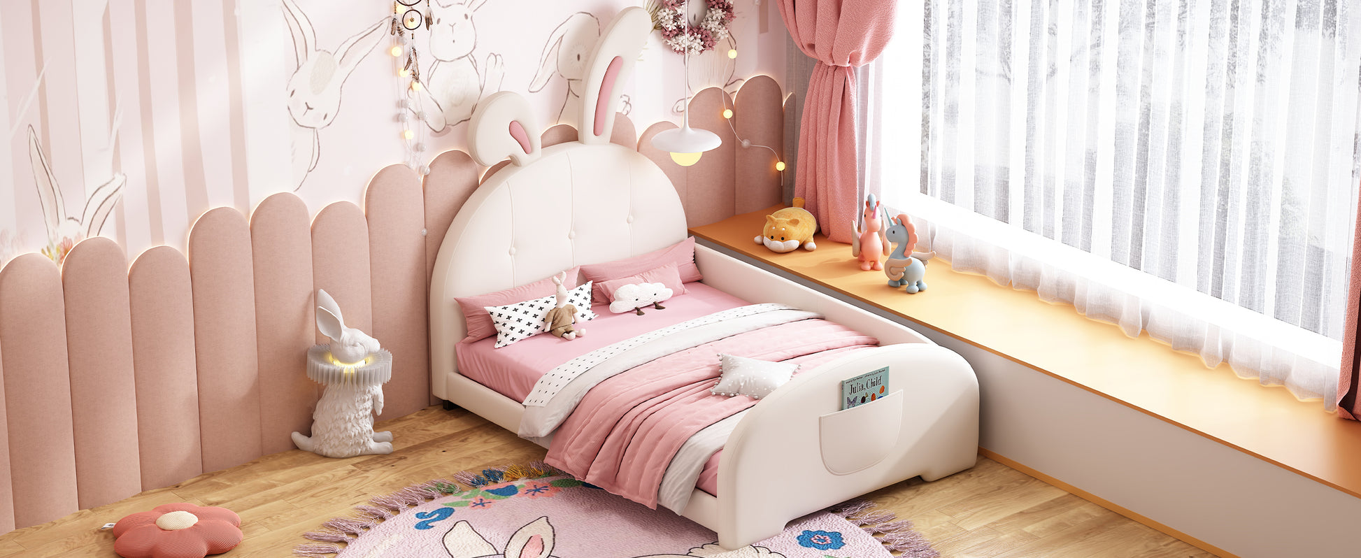 Twin Size Upholstered Rabbit Shape Princess Bed ,Twin Size Platform Bed With Headboard And Footboard,White Old Sku: Wf311629Aak White Pu