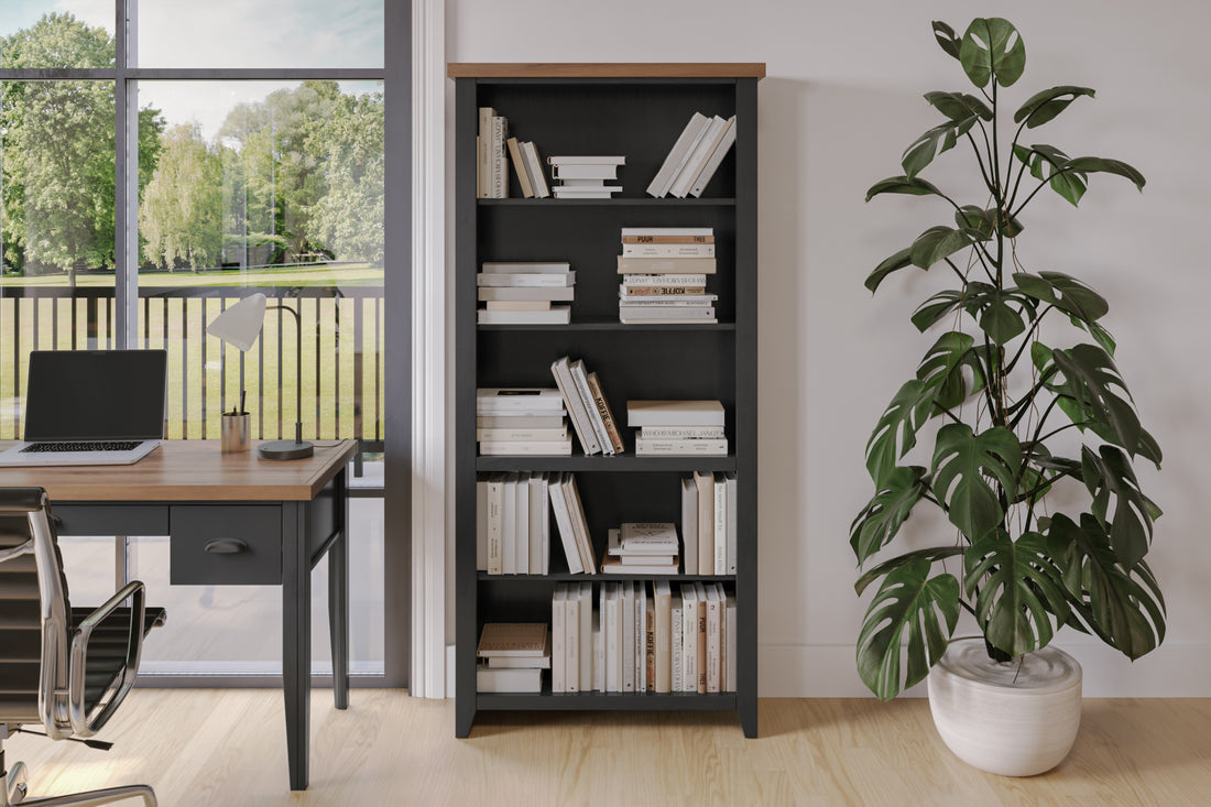 Essex 72 Inch High 5 Shelf Bookcase, No Assembly Required, Black And Whiskey Finish 5 Black Standard Horizontal Office Closed Back Wood Coastal,Farmhouse Poplar Wood