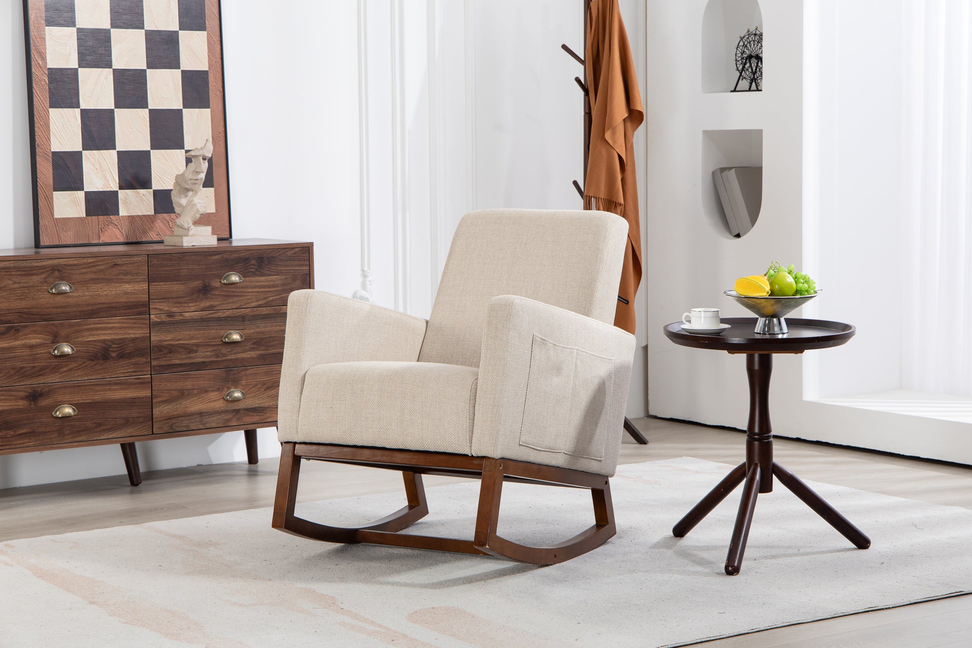 Mid Century Modern Accent Chair With Wood Frame, Upholstered Living Room Chairs With Waist Cushion, Reading Armchair For Bedroom Sunroom Grey White Linen