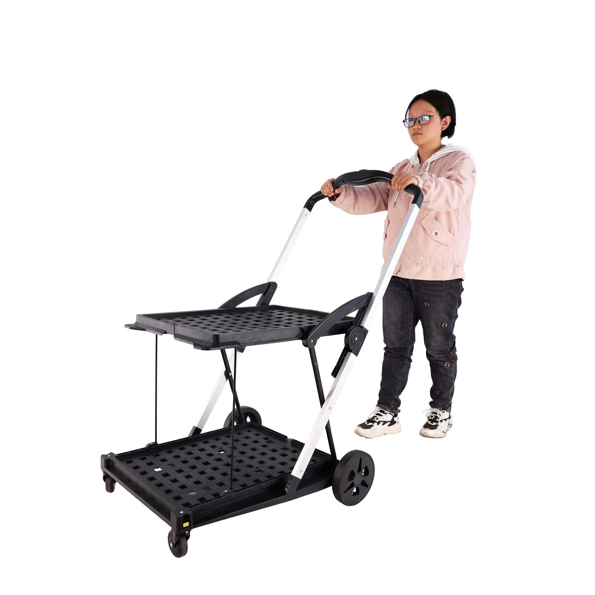 Folding Service Cart With Wheels Double Decker, Shopping, Library, Office Warehouse Moving Carts Black Blue Plastic