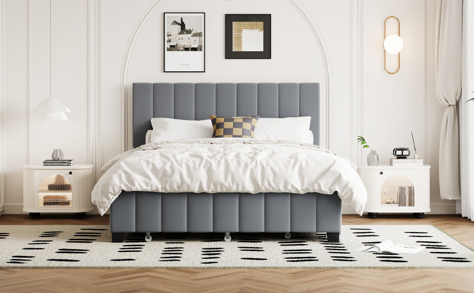 Queen Size Velvet Upholstered Platform Bed With 2 Drawers And 1 Twin Xl Trundle Gray Queen Gray Upholstered