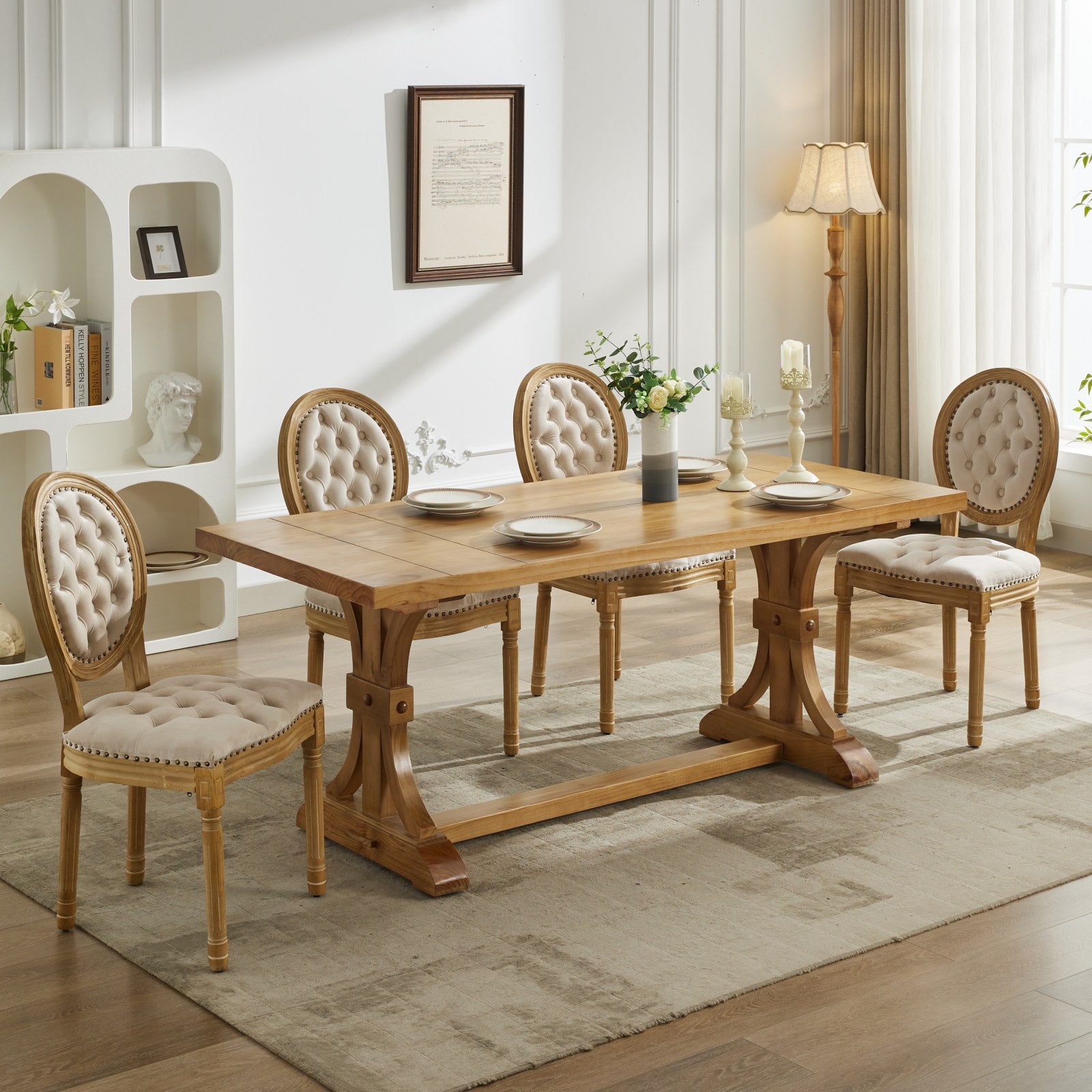 French Style Solid Wood Frame Antique Painting,Hand Pulled Buckle Decoration Velvet Artificial Leather Dining Chair With Trim ,Wood Legs,Steel Spring Inner,Set Of 2,Beige,Sw1739Bg Beige Dining Room American Design Dining Chairs Rubberwood Set Of 2 Foam