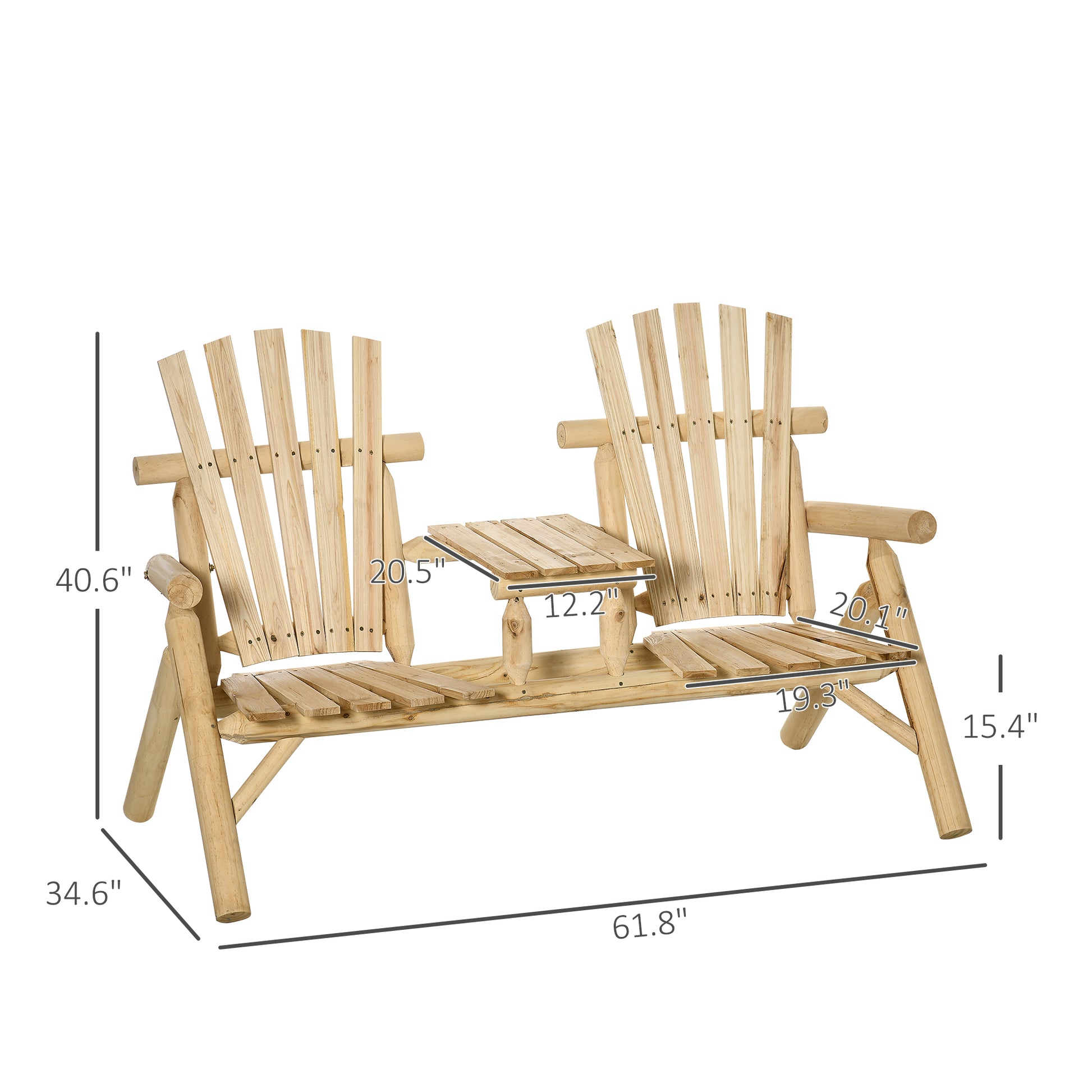Outsunny 2 Seat Wooden Adirondack Chair, Patio Bench With Table, Outdoor Loveseat Fire Pit Chair For Porch, Backyard, Deck, Natural Natural Wood
