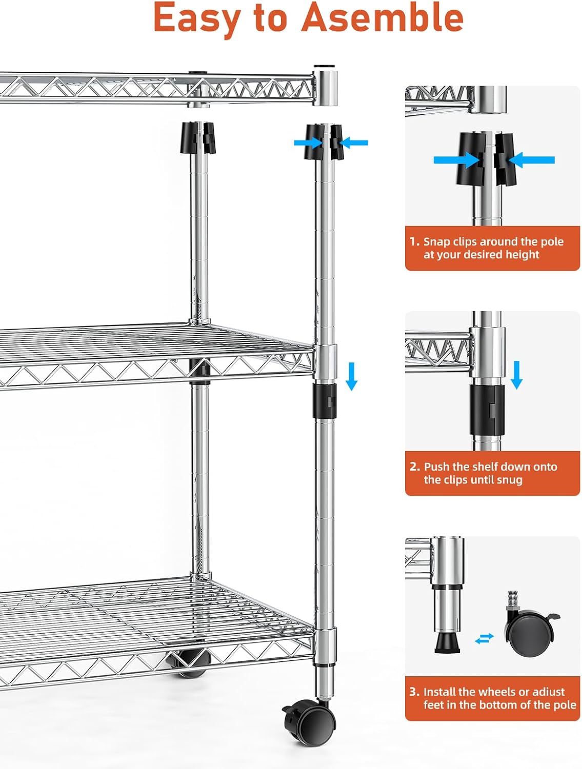 Heavy Duty 3 Shelf Shelving With Wheels, Adjustable Storage Units, Steel Organizer Wire Rack, Chrome Chrome Steel