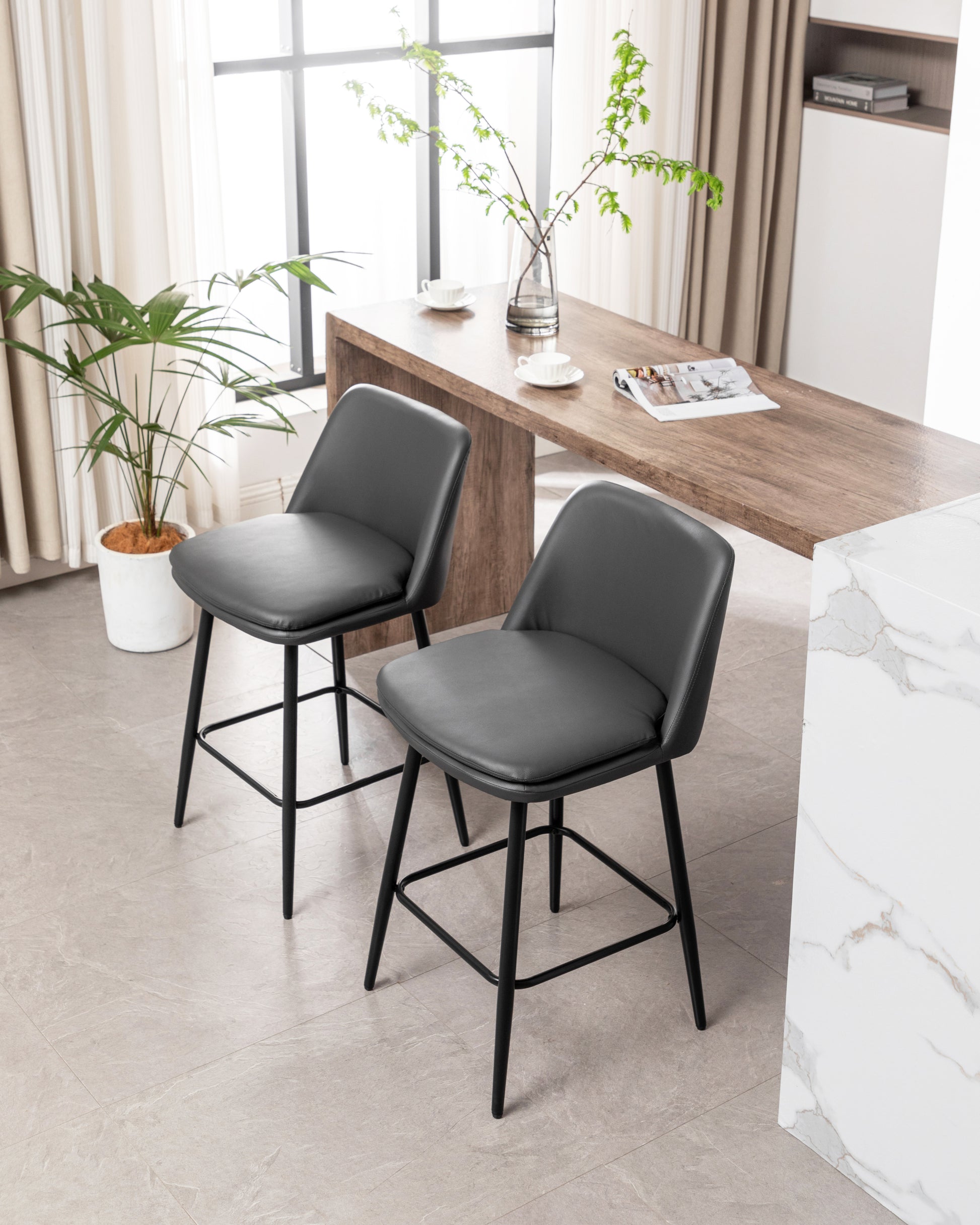 Counter Height Swivel Bar Stools Set Of 2, 360 Swivel Upholstered Barstools With Back And Metal Legs, 25.6" Seat Height,Counter Stools For Kitchen Island And Pub,Faux Leather,Grey Dark Grey Set Of 2 Pu Leather