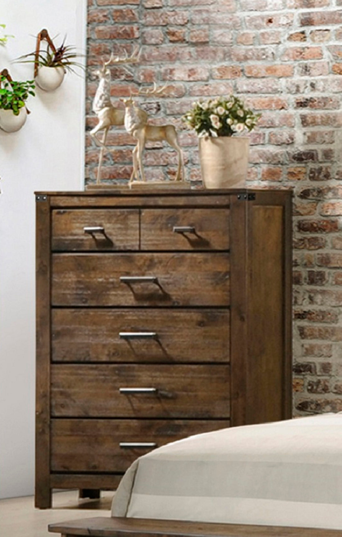 1Pc Rustic Industrial Style Brown Five Drawer Chest Bedroom Solid Wood Wooden Furniture Brown Bedroom Contemporary,Industrial,Rustic Wood
