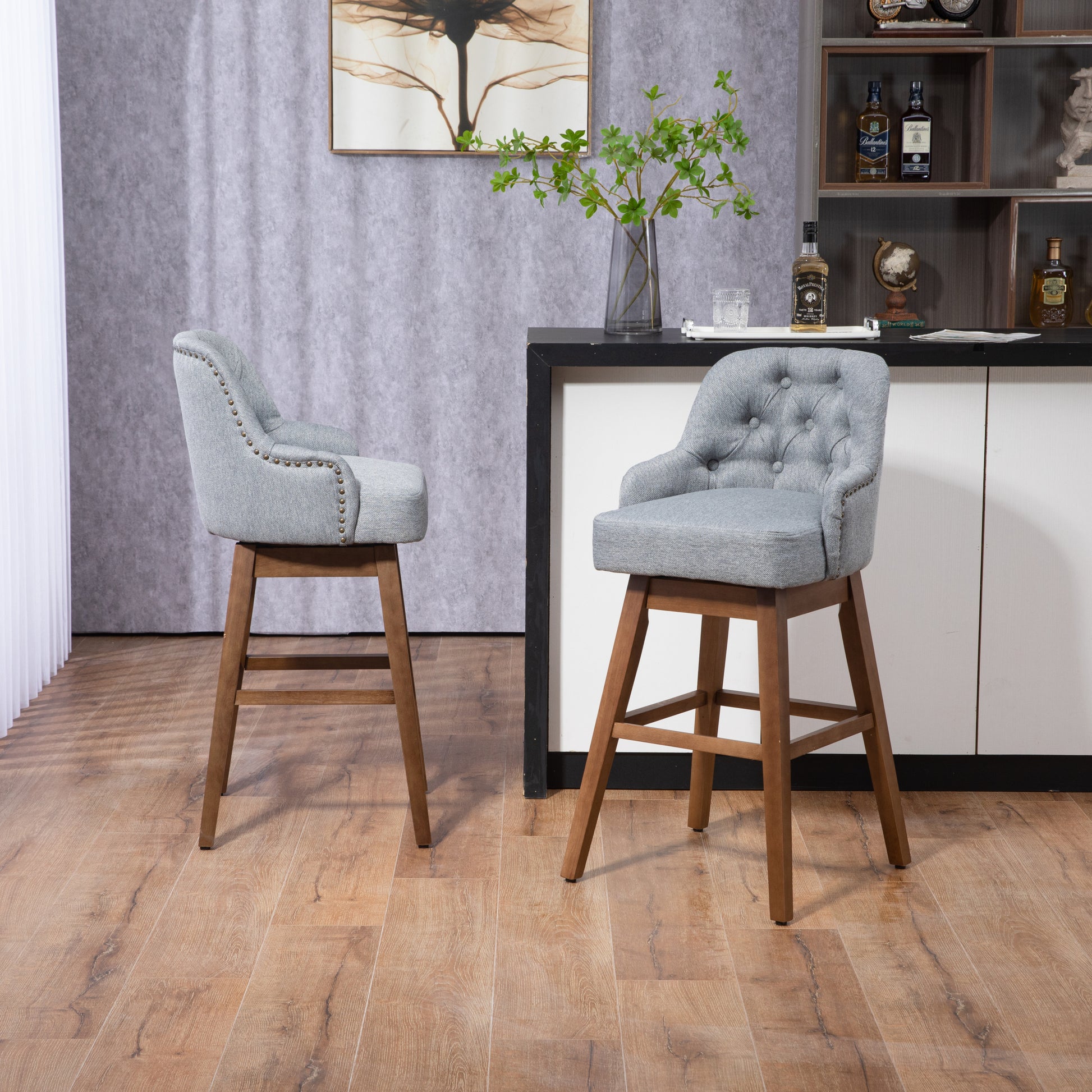 Coolmore Bar Stools Set Of 2 Counter Height Chairs With Footrest For Kitchen, Dining Room And 360 Degree Solid Wood Legs Swivel Bar Stools Set Of 2 Gray Linen Gray Foam Linen