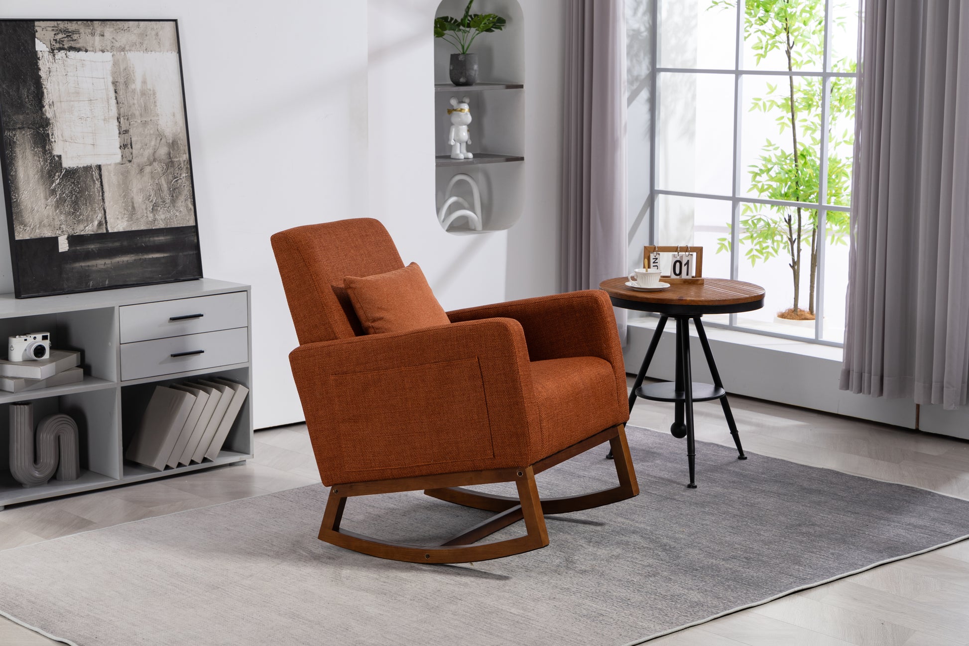 Mid Century Modern Accent Chair With Wood Frame, Upholstered Living Room Chairs With Waist Cushion, Reading Armchair For Bedroom Sunroom Brown Linen