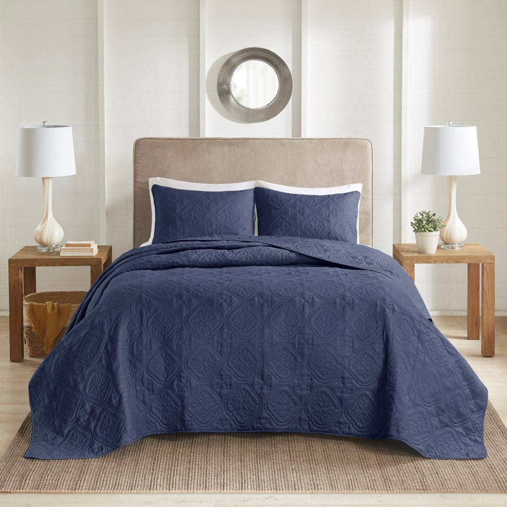 3 Piece Reversible Bedspread Set Navy Full Queen Queen Navy Polyester