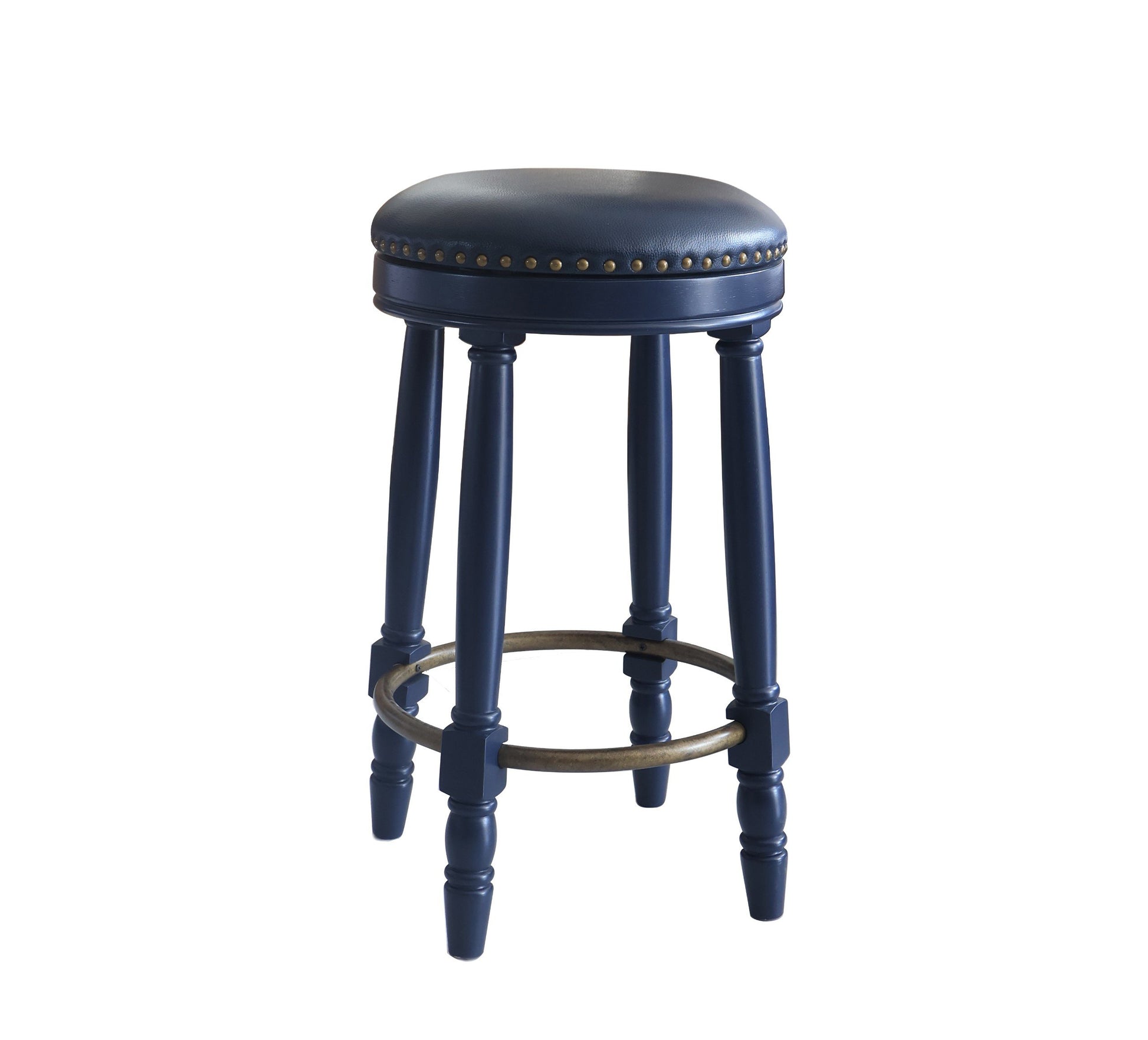 Bar Stools Set Of 2 Dark Blue Color, 360 Degree Swivel, Accent Wooden Swivel Seat Counter Height Bar Stool, Leather Upholstered Design, Barstool Perfect For Dining And Living Room Height 26" Cushion