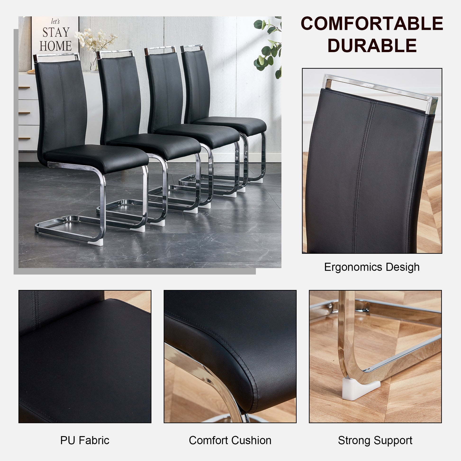 Table And Chair Set, Modern Dining Table, Imitation Marble White Top And Silver Legs, Soft And Comfortable Dining Chair, Perfect For Dinner, Meetings, Home And Office Decor Black Silver Glass Metal