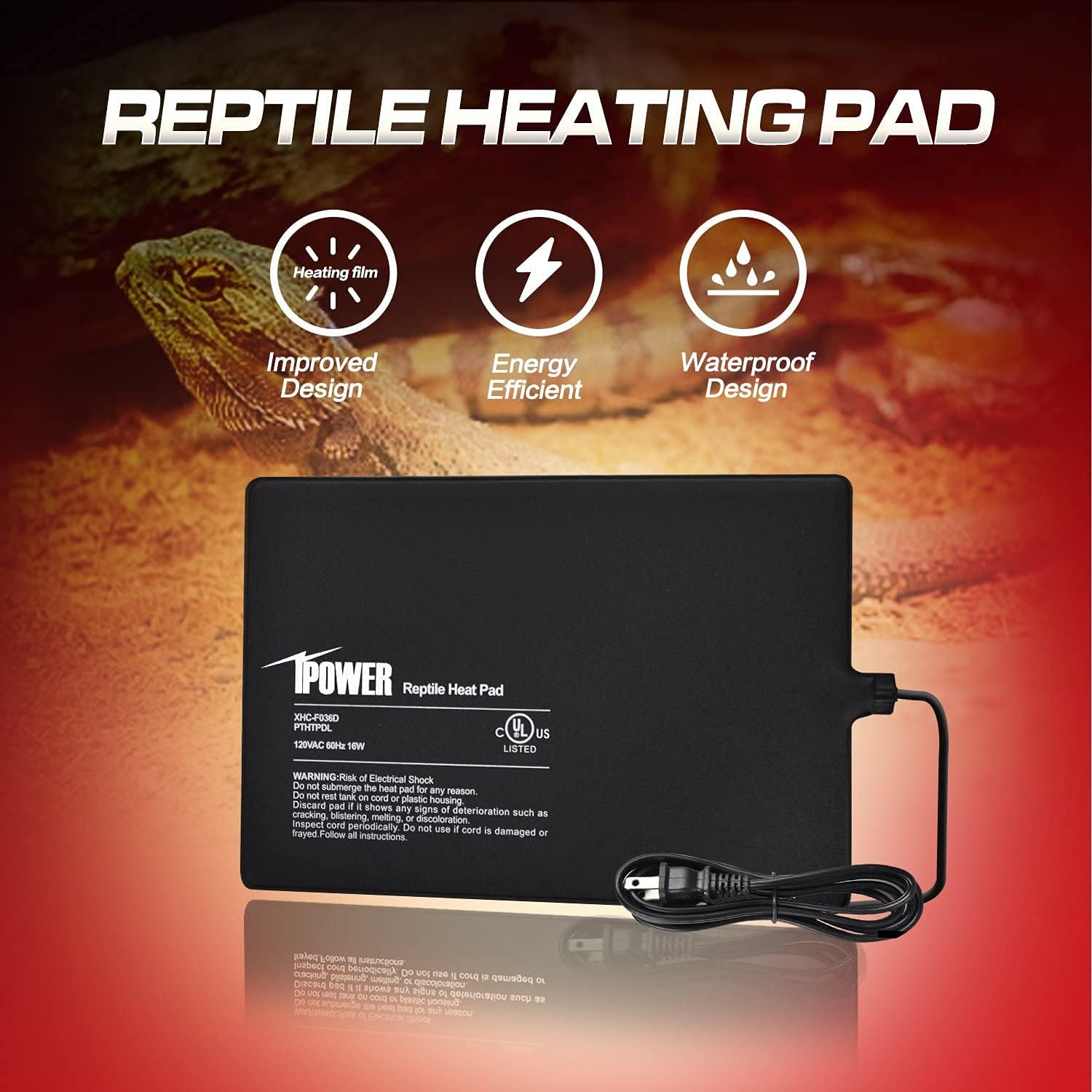 8 By 12 Inch 16W Reptile Heat Mat, Under Tank Warmer Terrarium Heat Pad For Turtles Lizards Frogs And Other Small Animals, Multi Sizes Black Pvc