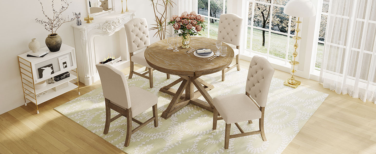 Functional Furniture Retro Style Dining Table Set With Extendable Table And 4 Upholstered Chairs For Dining Room And Living Room Natural Wood Wash Natural Wood Wash Solid Wood
