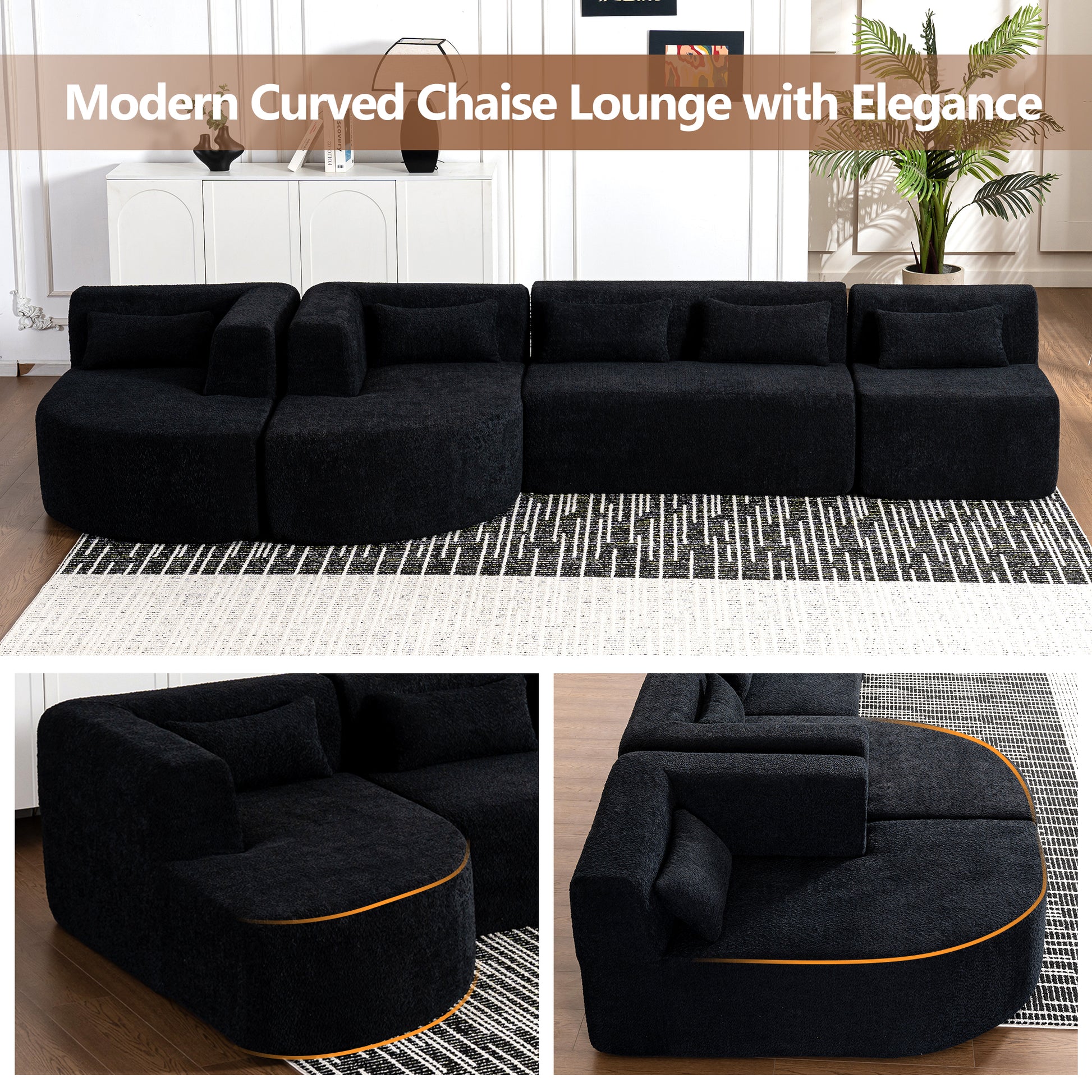 143.7" Upholstered Sofa Free Combined Sofa Couch With Two Chaise Lounge And Five Back Pillows For Living Room, Black Black Foam Polyester 5 Seat