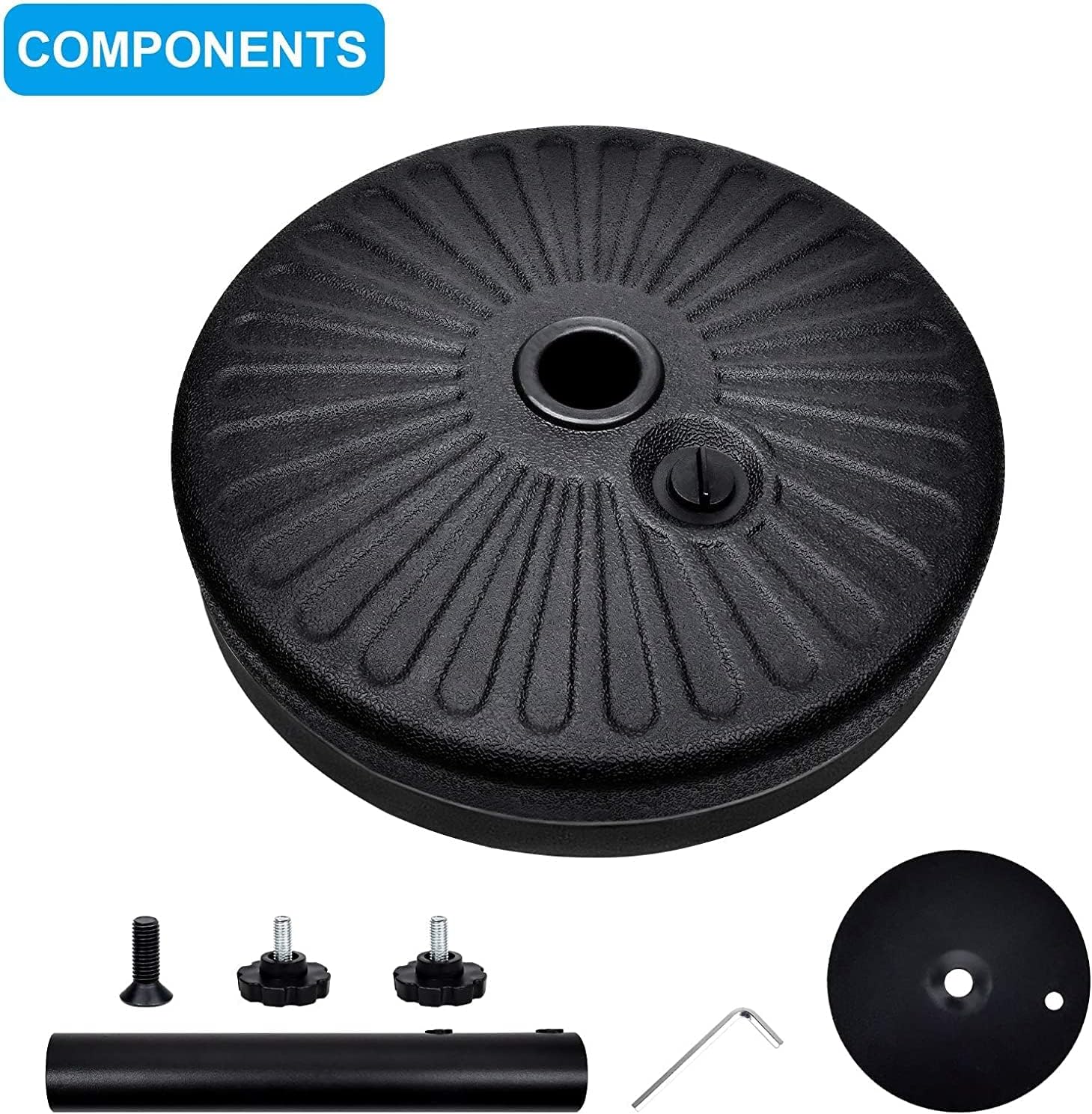 20" Heavy Duty Patio Base Stand With Steel Umbrella Holder, Water Or Sand Fillable For Outdoor, Lawn, Garden, 50Lbs Weight Capacity, 2 Pack, Black Round 2Pack Black Polypropylene